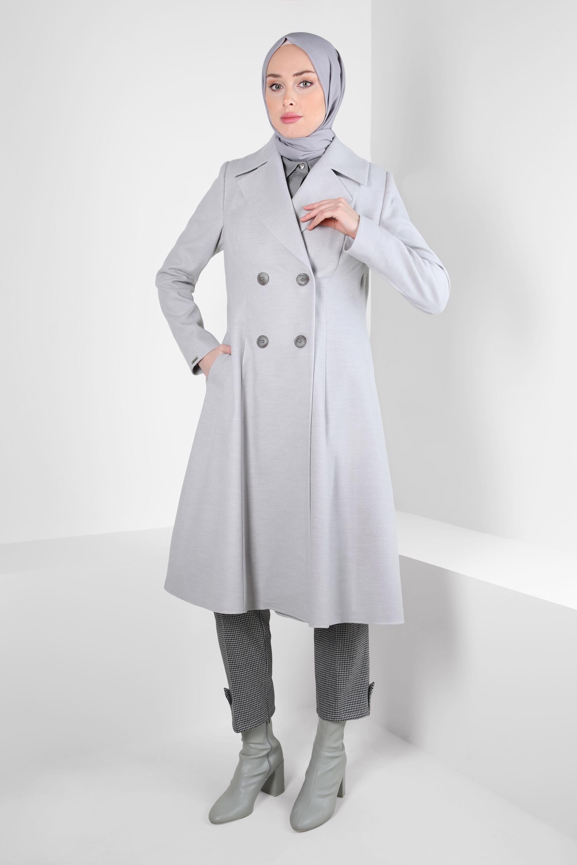 Tesettür giyim GRİ KRUVAZE YAKA KABAN 90472