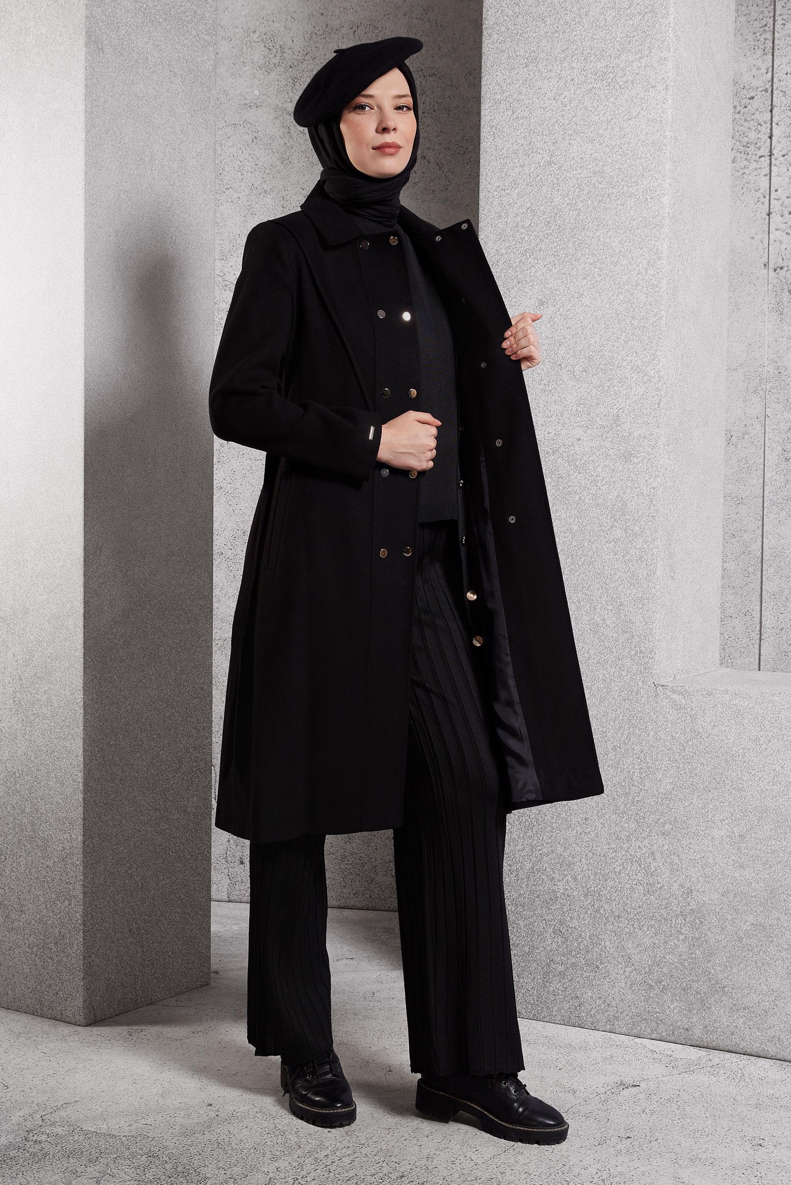 Tesettür giyim SİYAH KUŞAKLI KABAN 90473