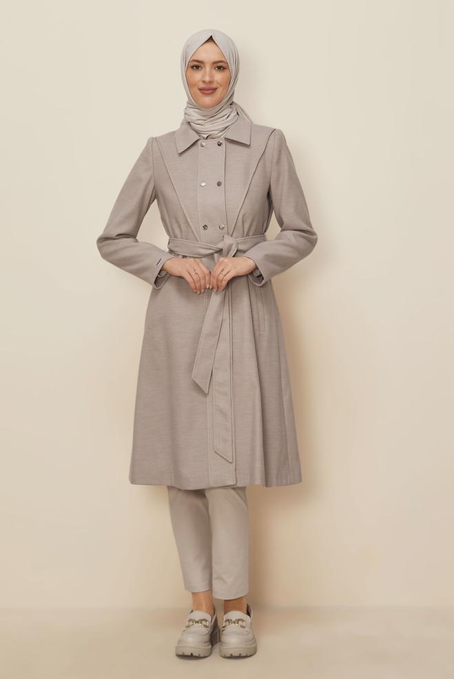 Hijab clothing BEIGE BELTED COAT 90473 - ALVİNA