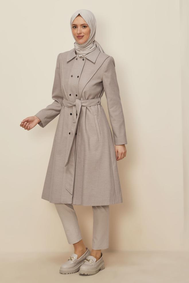 Hijab clothing BEIGE BELTED COAT 90473 - ALVİNA