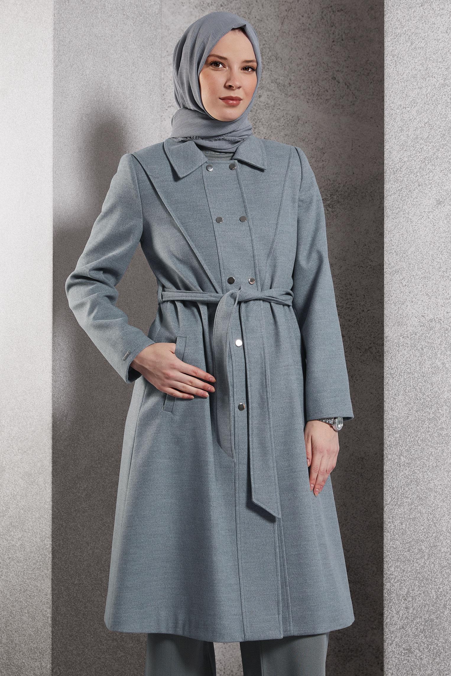 Tesettür giyim GRİ KUŞAKLI KABAN 90473