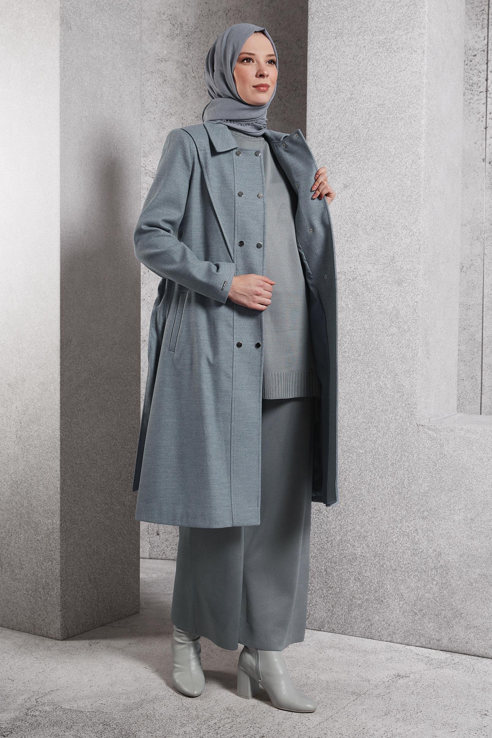 Tesettür giyim GRİ KUŞAKLI KABAN 90473