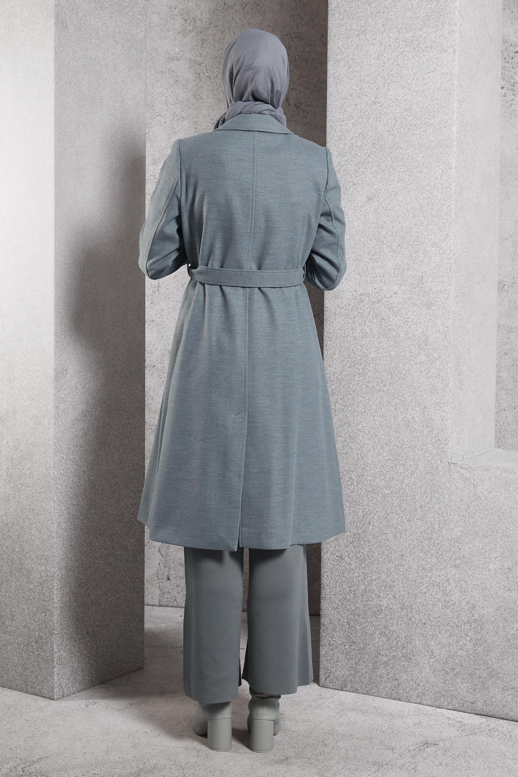 Tesettür giyim GRİ KUŞAKLI KABAN 90473