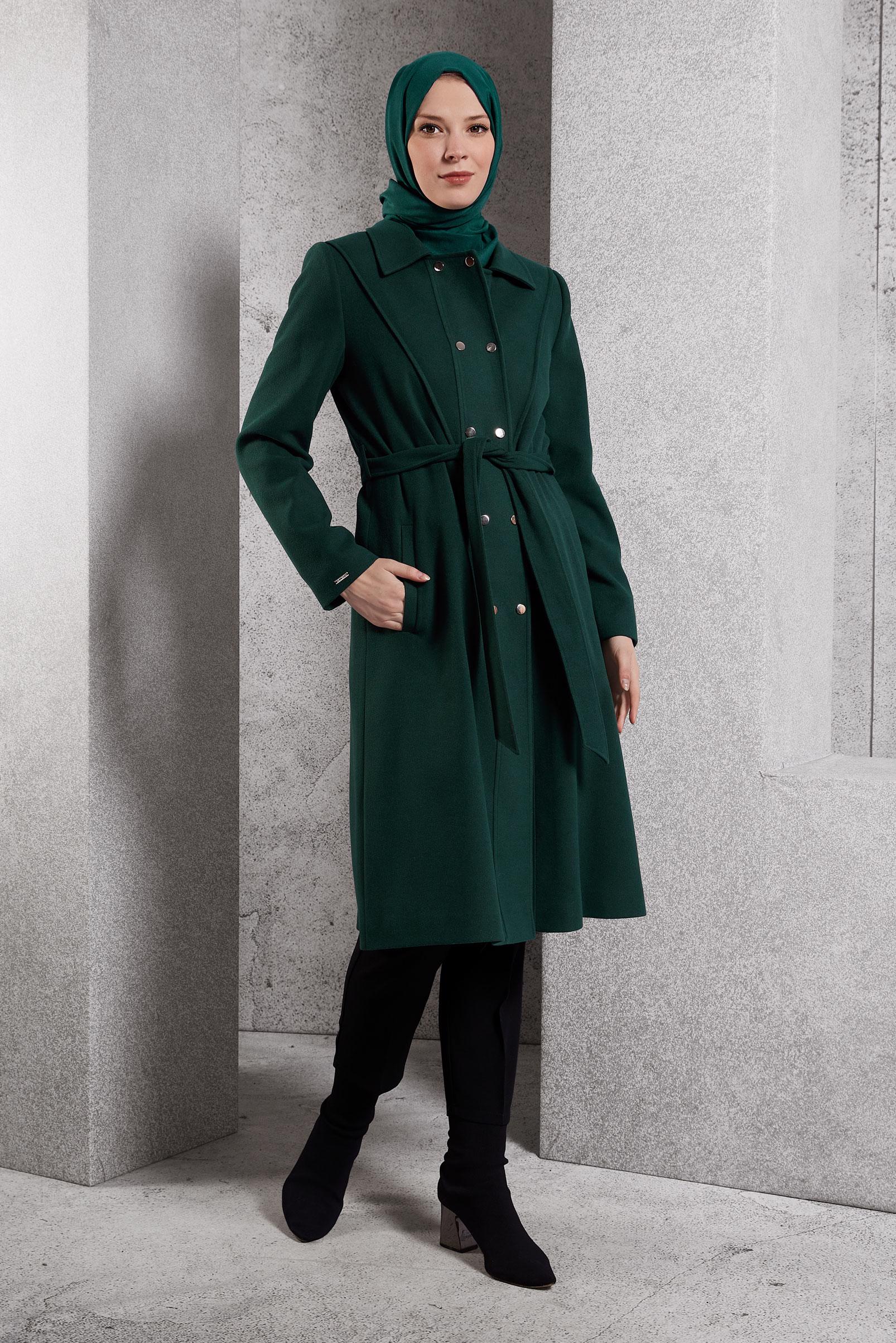 Tesettür giyim YEŞİL KUŞAKLI KABAN 90473