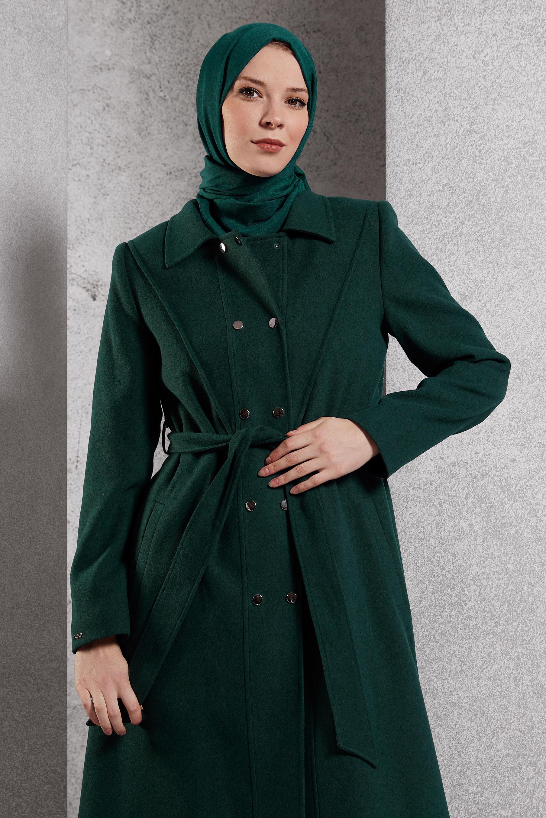 Tesettür giyim YEŞİL KUŞAKLI KABAN 90473