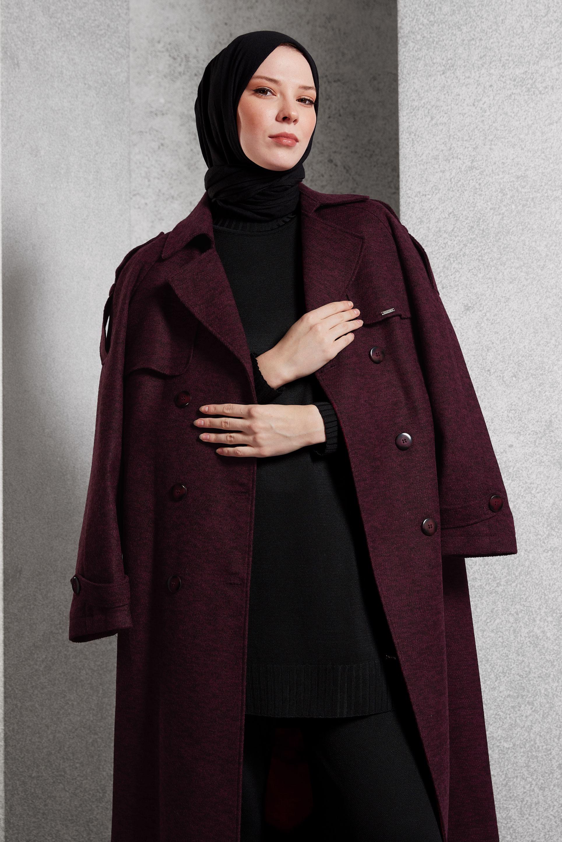 Tesettür giyim BORDO KUŞAKLI KABAN 90474