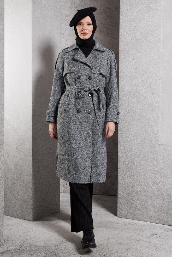 Tesettür giyim GRİ KUŞAKLI KABAN 90474-1 - ALVİNA