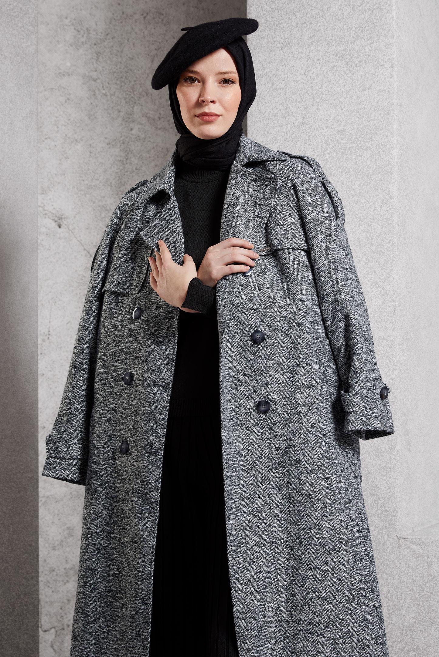 Tesettür giyim GRİ KUŞAKLI KABAN 90474-1