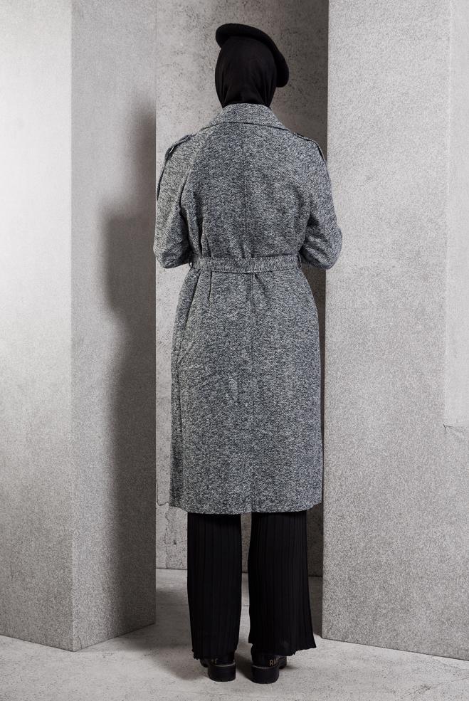 Tesettür giyim GRİ KUŞAKLI KABAN 90474-1 - ALVİNA