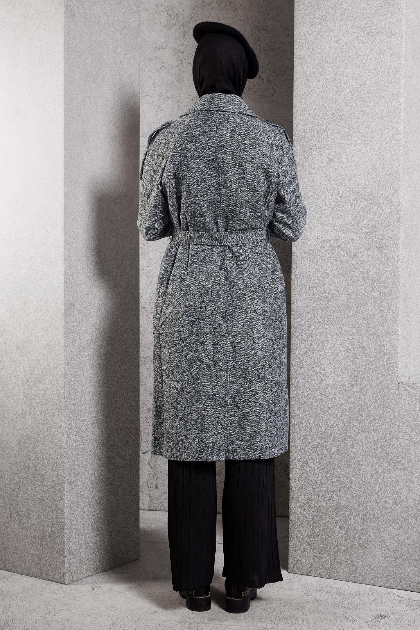 Tesettür giyim GRİ KUŞAKLI KABAN 90474-1