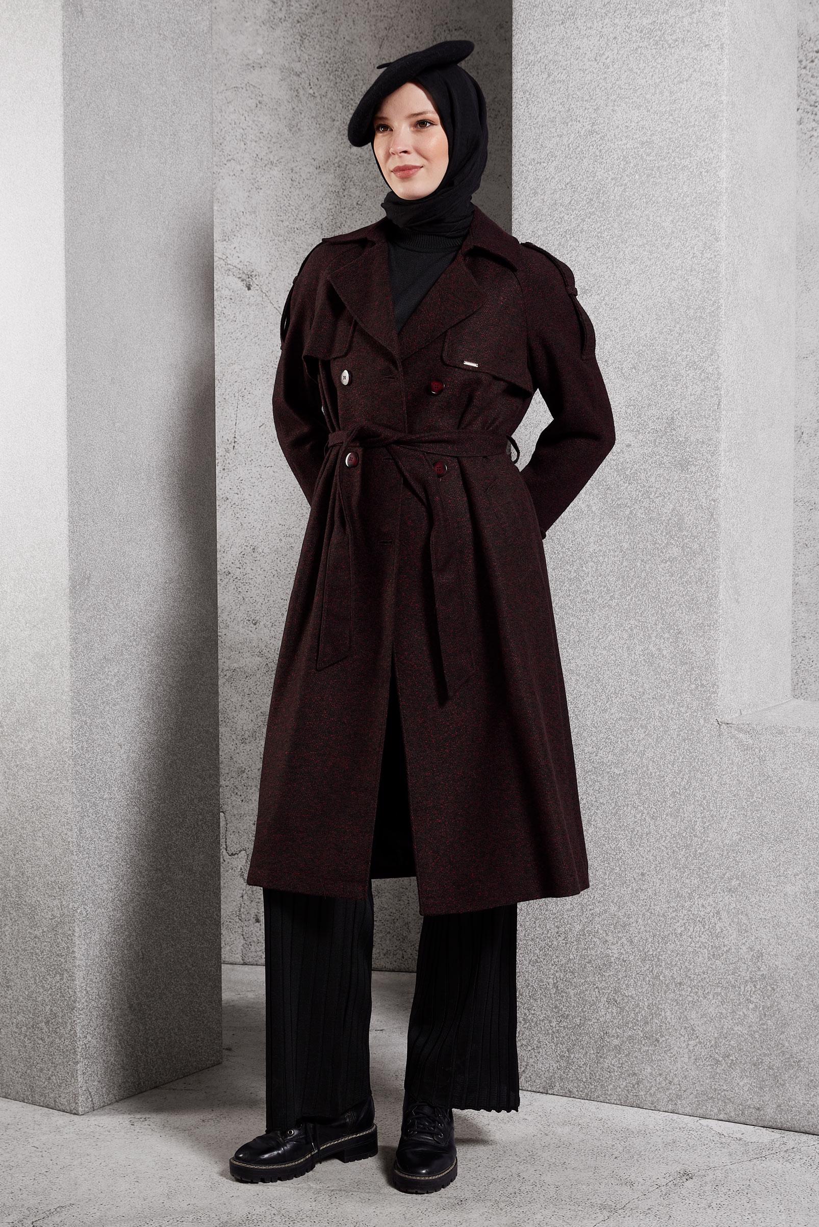 Tesettür giyim SİYAH KUŞAKLI KABAN 90474-1