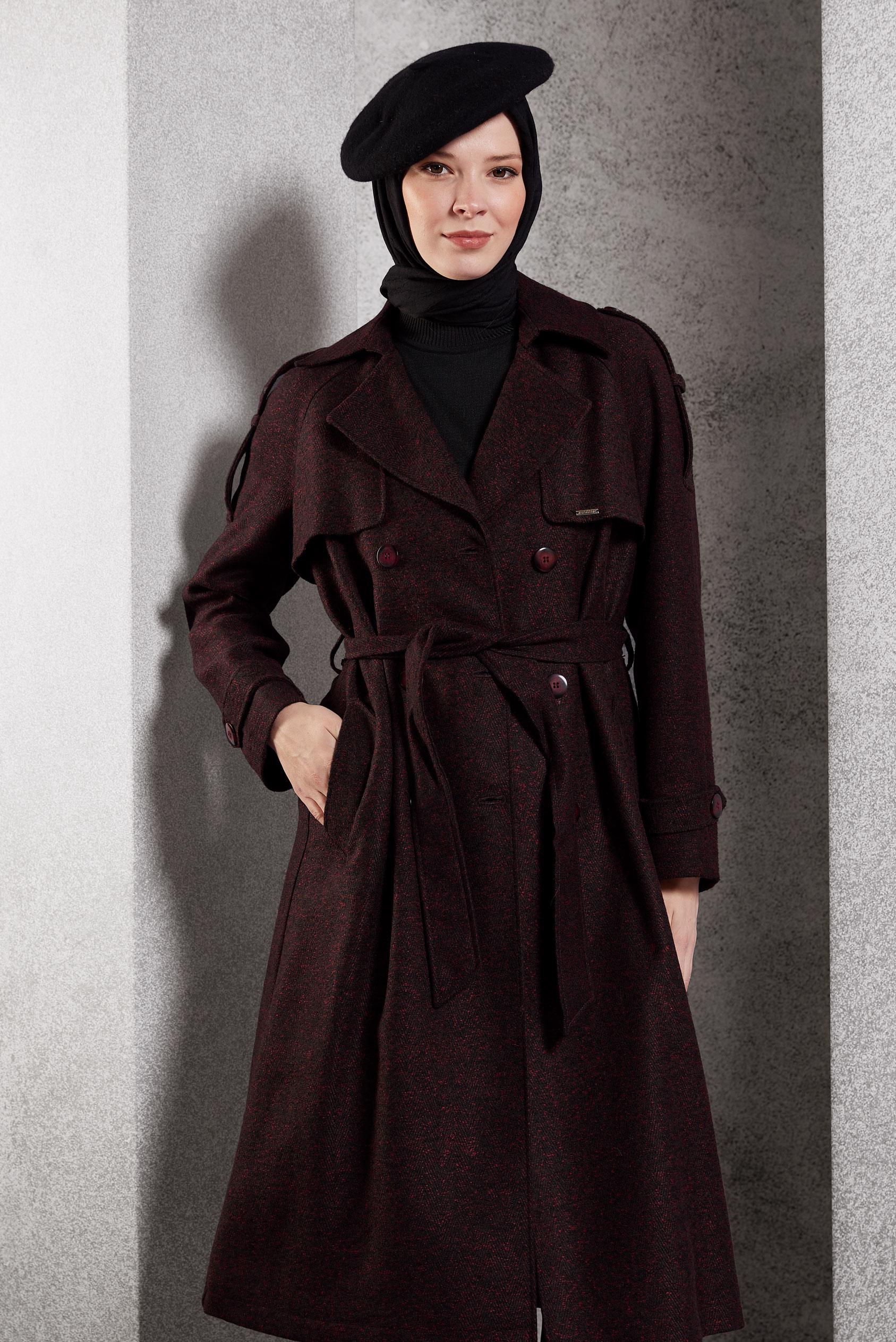 Tesettür giyim SİYAH KUŞAKLI KABAN 90474-1