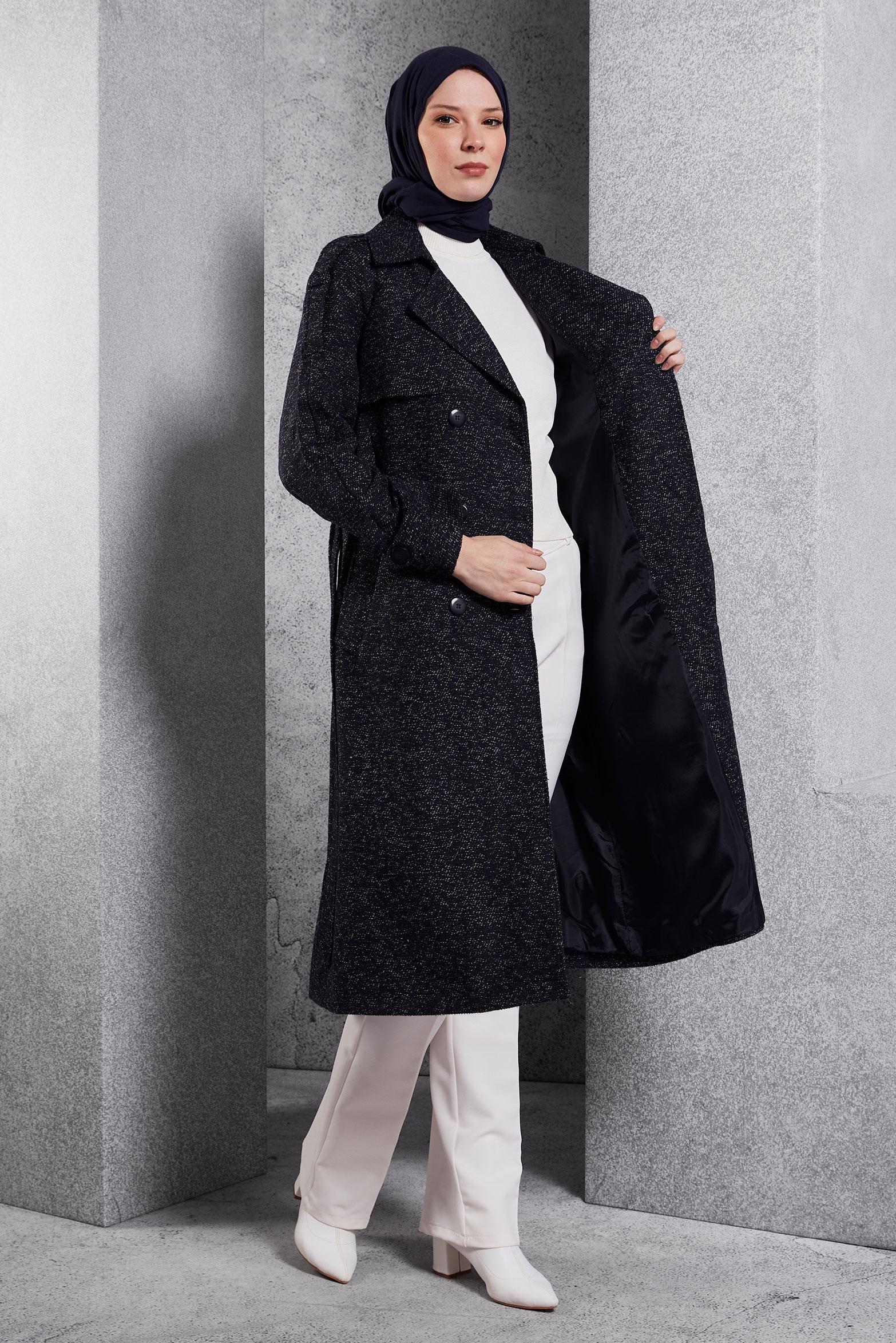 Tesettür giyim LACİVERT KUŞAKLI KABAN 90474