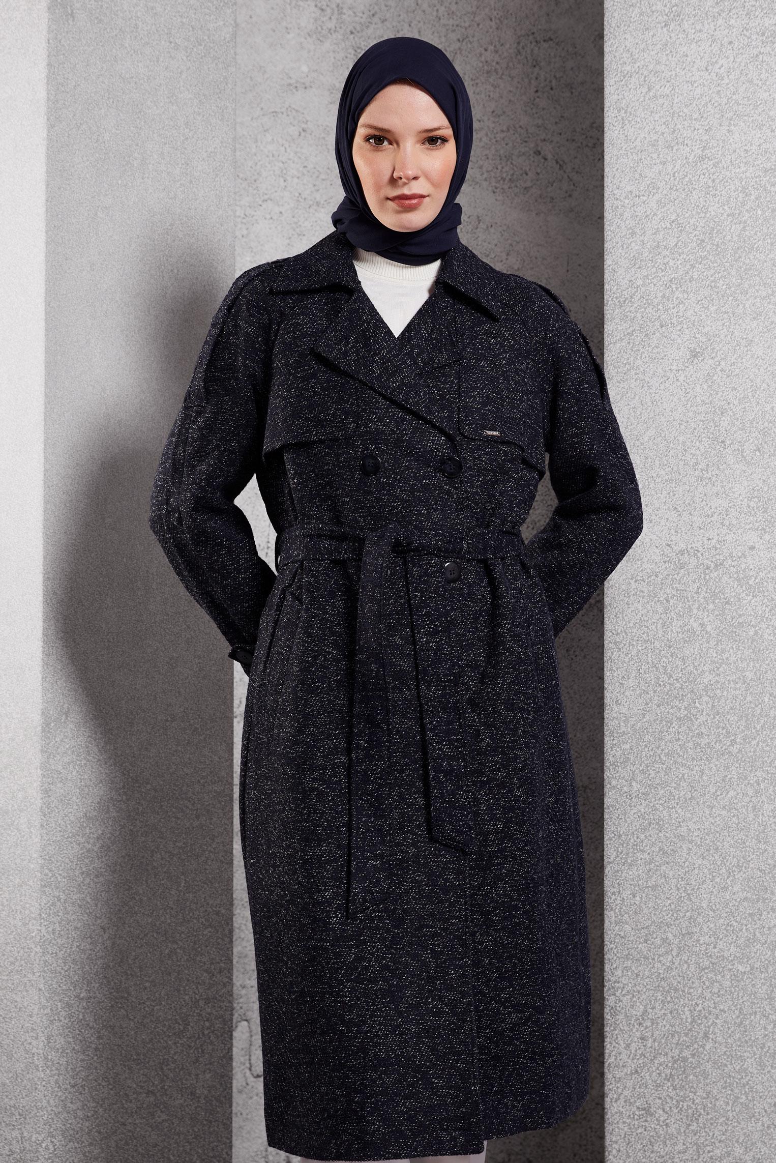 Tesettür giyim LACİVERT KUŞAKLI KABAN 90474