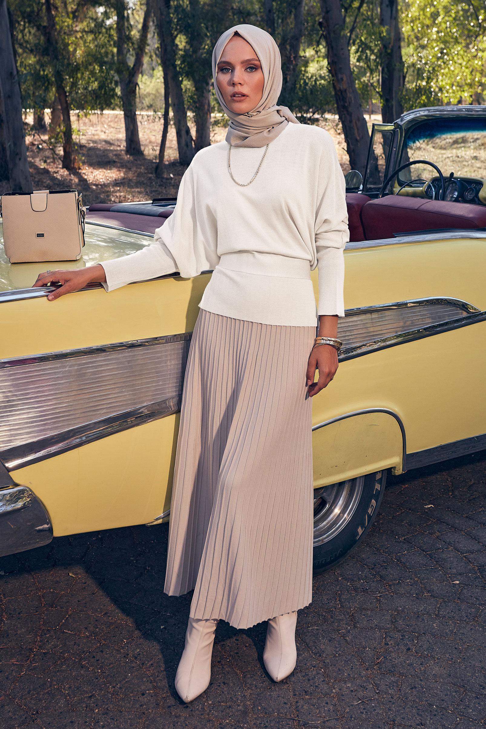 Tesettür giyim BEJ KUŞAKLI TRİKO KAZAK 44052