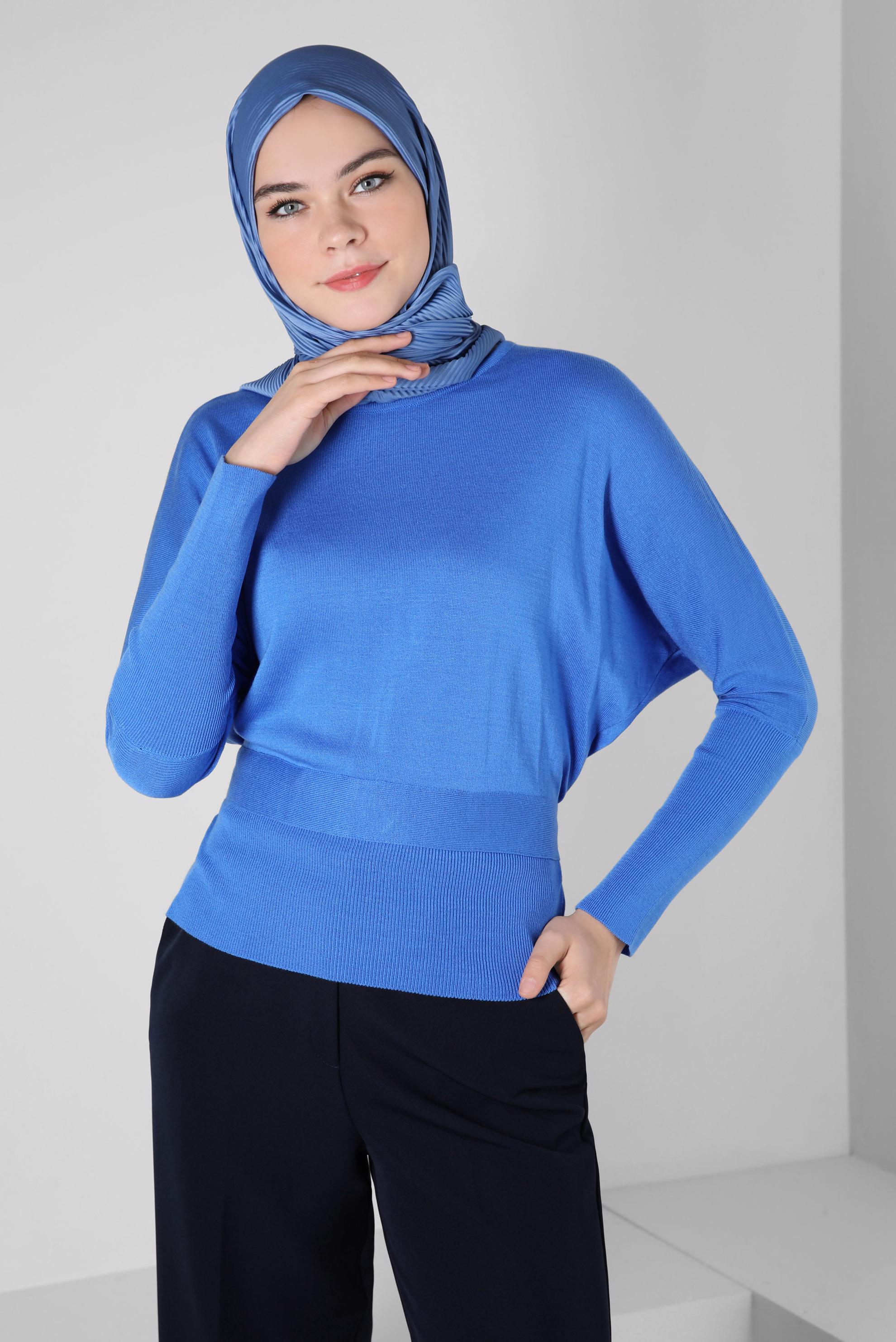 Tesettür giyim MAVİ KUŞAKLI TRİKO KAZAK 44052