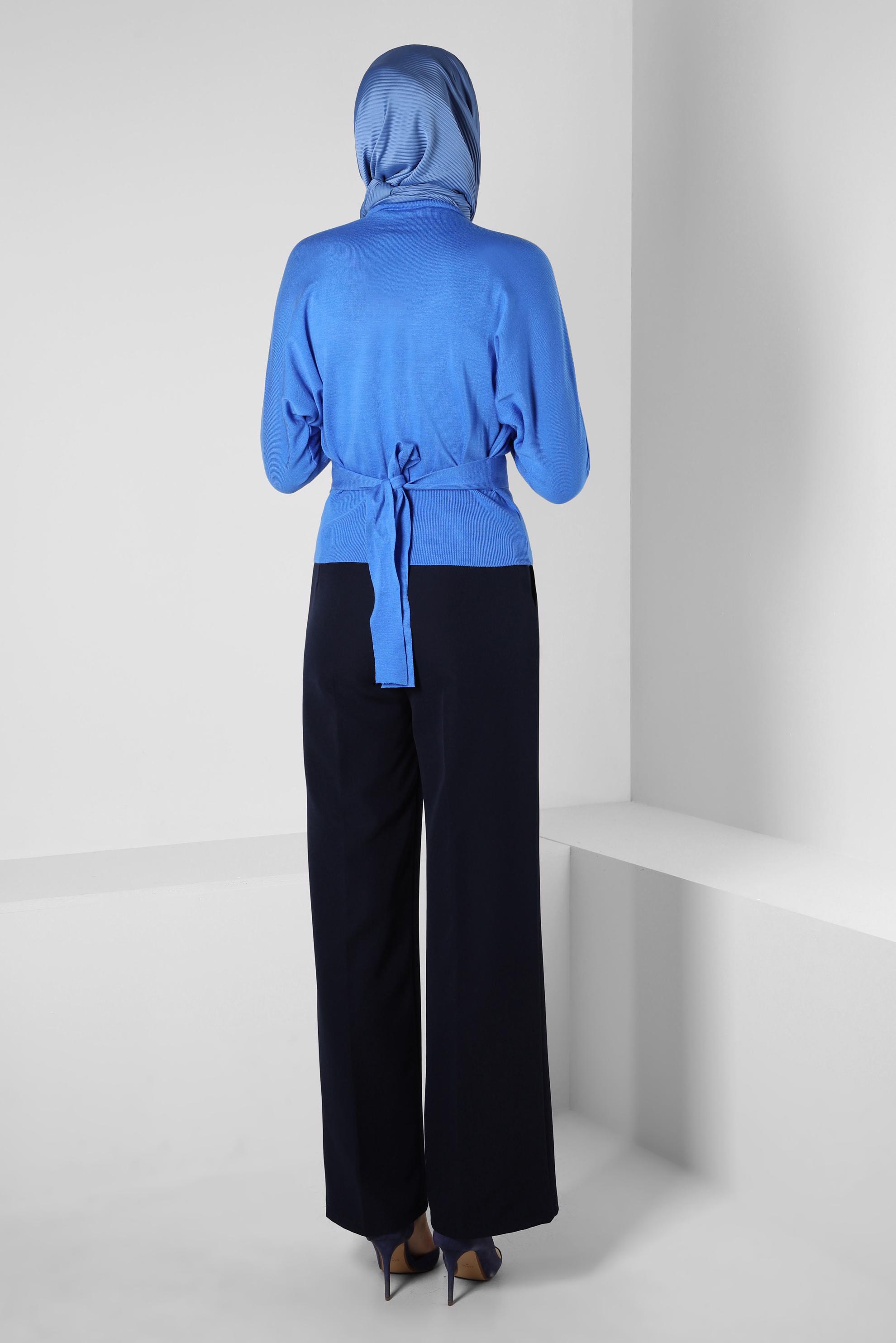 Tesettür giyim MAVİ KUŞAKLI TRİKO KAZAK 44052