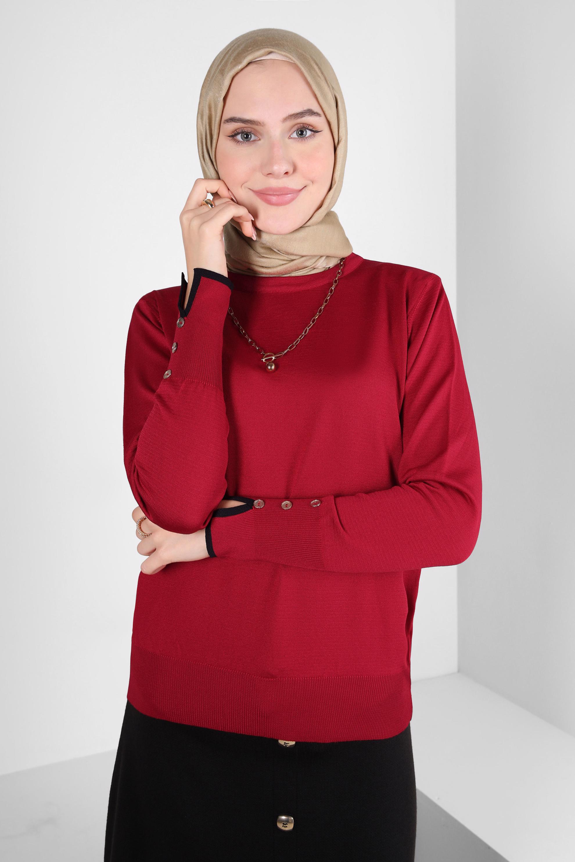 Tesettür giyim KIRMIZI DÜĞME DETAYLI TRİKO KAZAK 44053