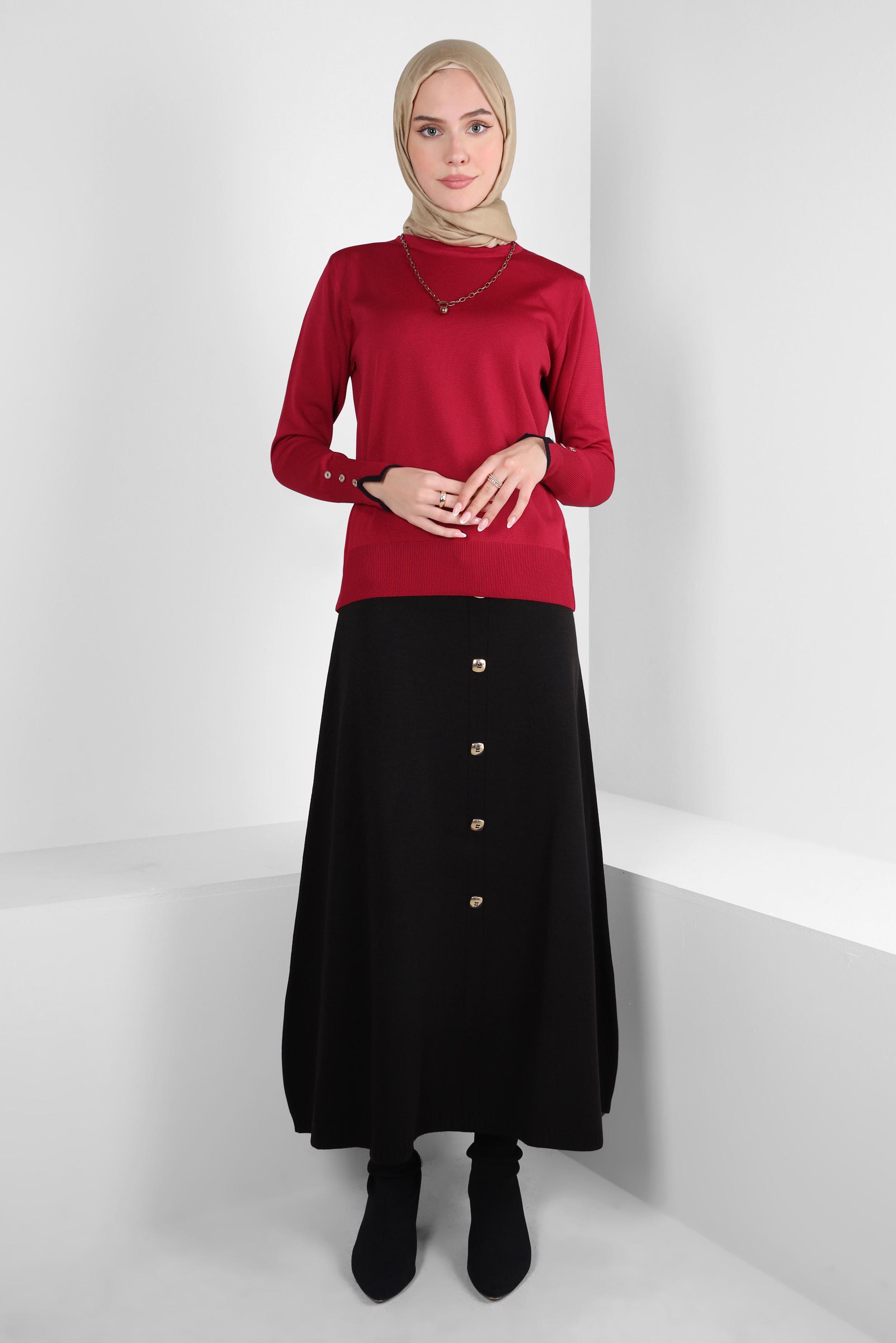 Tesettür giyim KIRMIZI DÜĞME DETAYLI TRİKO KAZAK 44053
