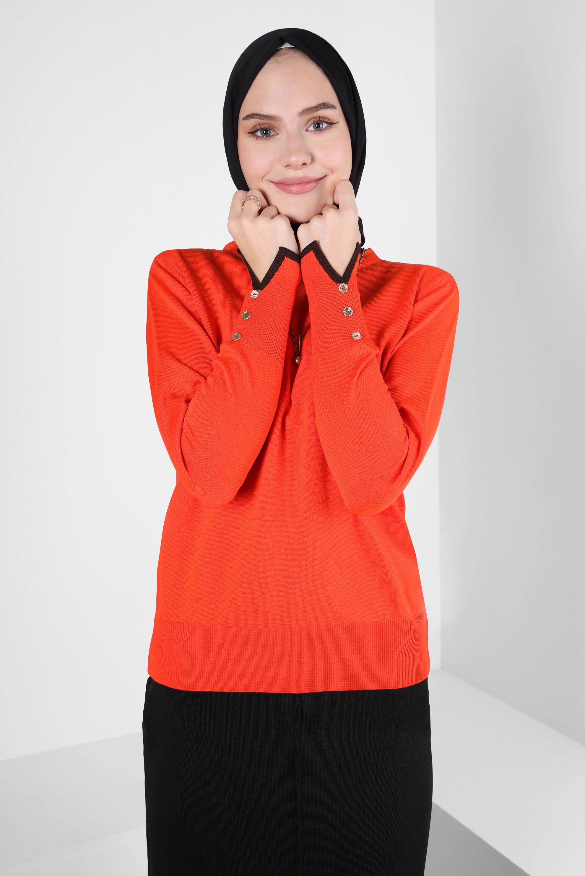 Tesettür giyim TURUNCU DÜĞME DETAYLI TRİKO KAZAK 44053