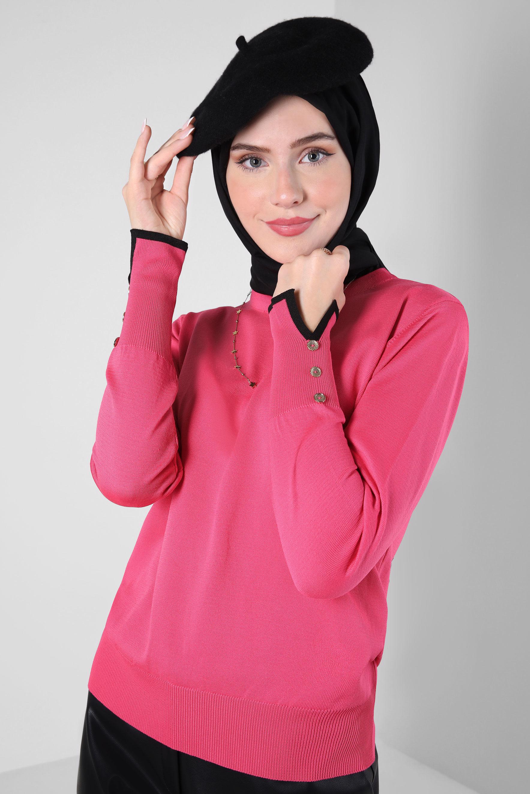 Tesettür giyim FUŞYA DÜĞME DETAYLI TRİKO KAZAK 44053