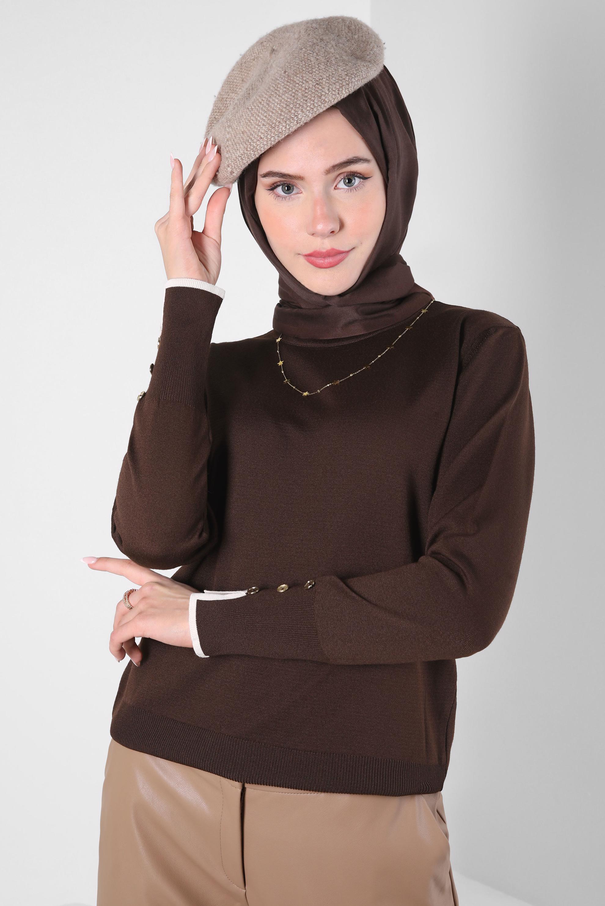 Tesettür giyim KAHVE DÜĞME DETAYLI TRİKO KAZAK 44053