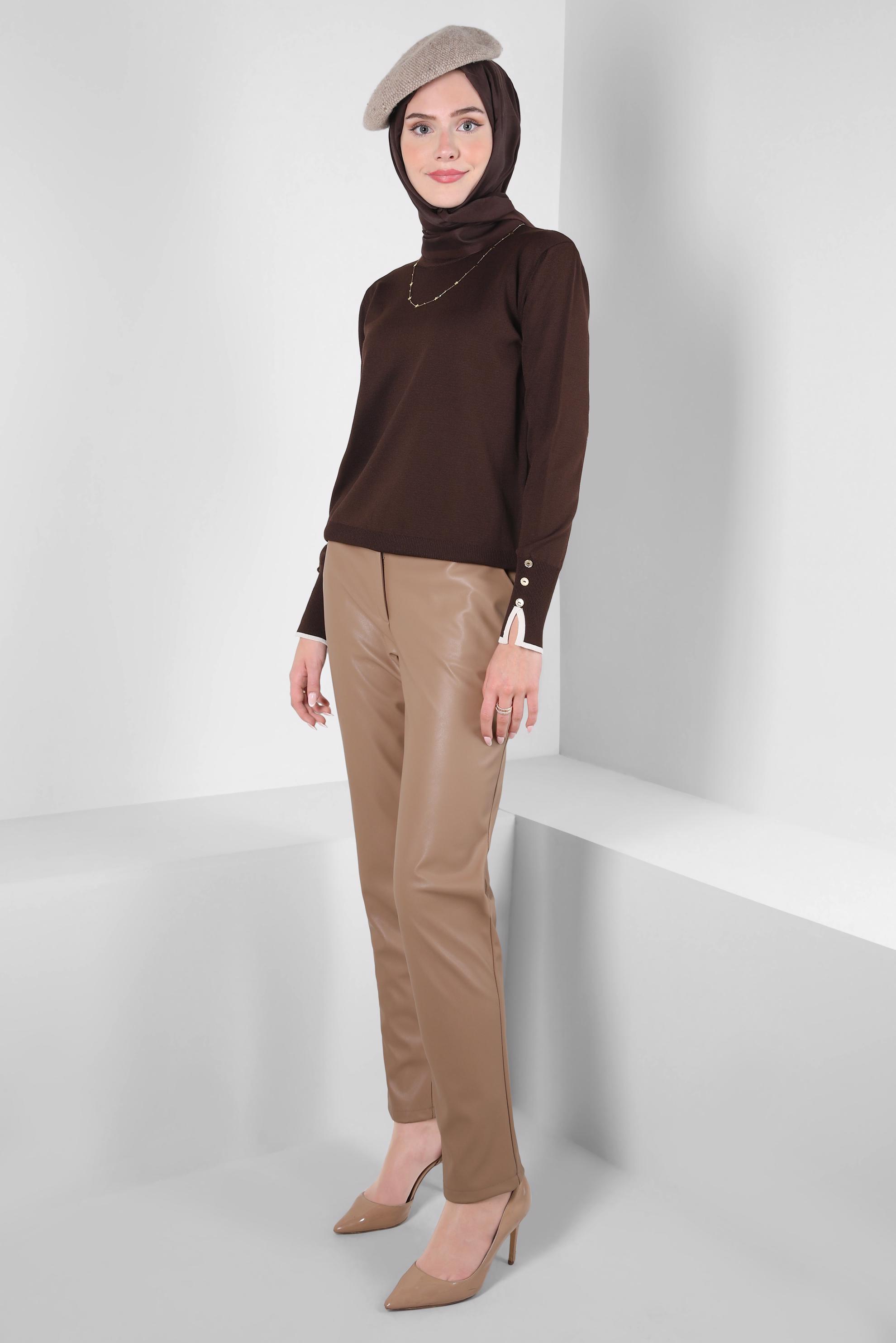 Tesettür giyim KAHVE DÜĞME DETAYLI TRİKO KAZAK 44053