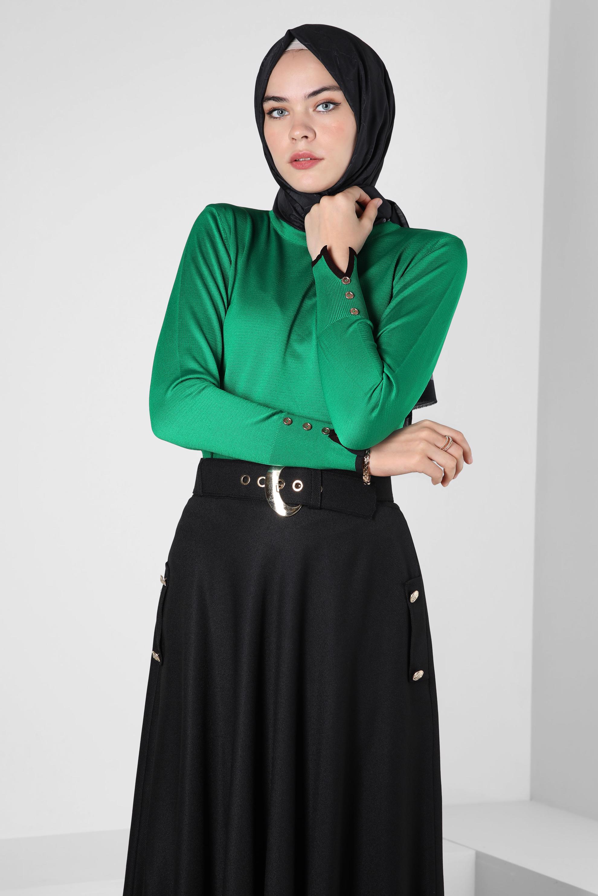 Tesettür giyim YEŞİL DÜĞME DETAYLI TRİKO KAZAK 44053