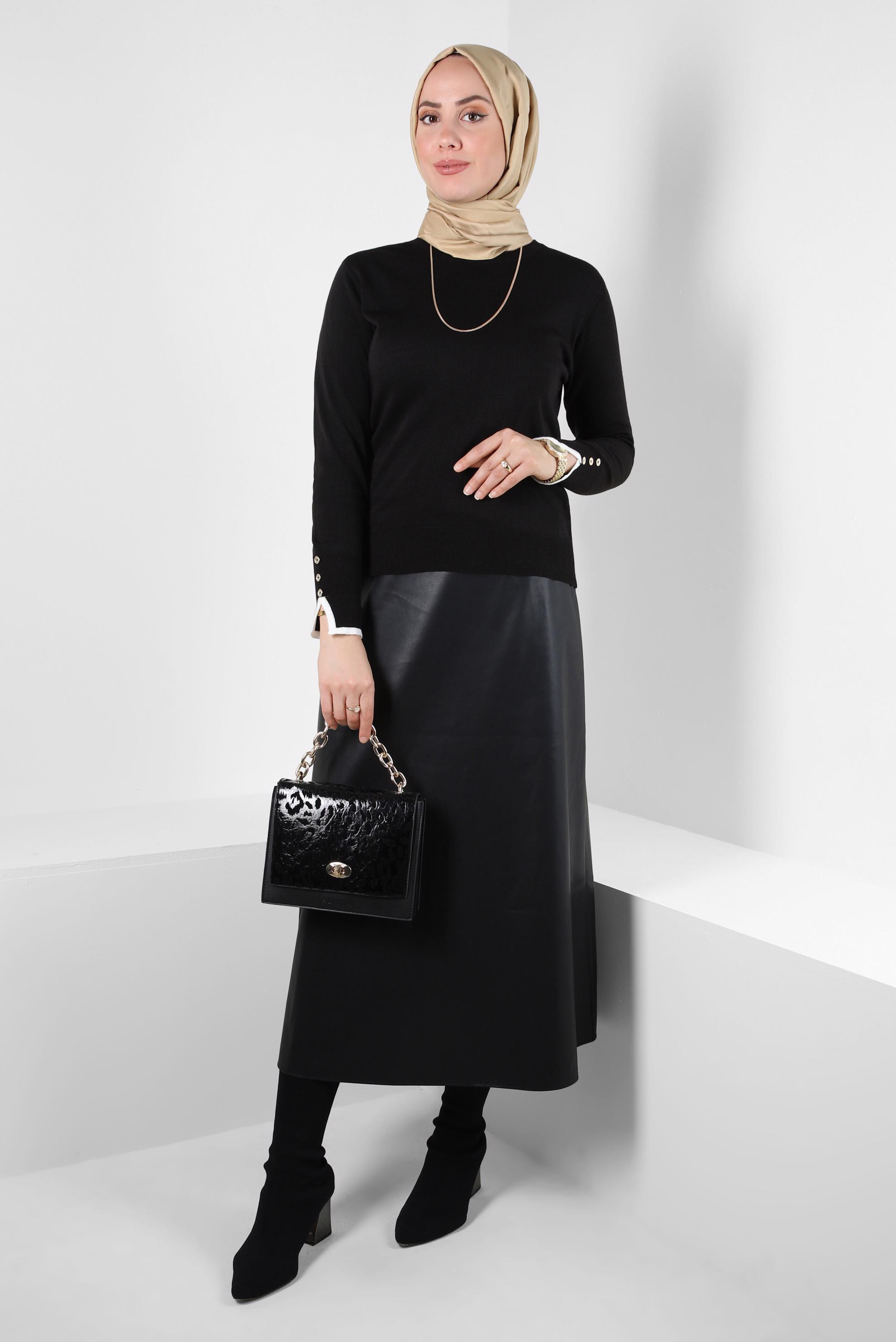 Tesettür giyim SİYAH BİSİKLET YAKA TRİKO KAZAK 44053-1