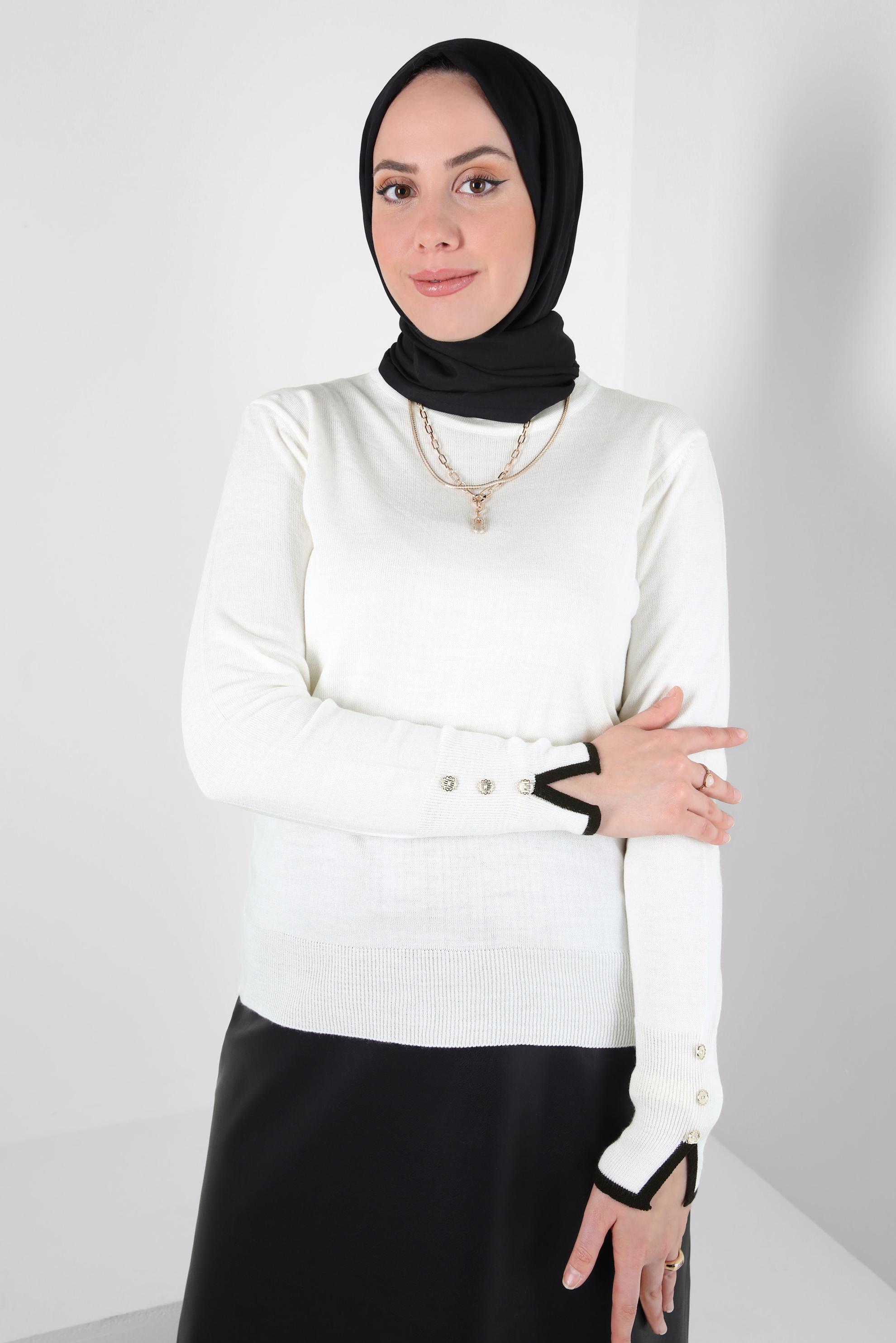 Tesettür giyim BEYAZ BİSİKLET YAKA TRİKO KAZAK 44053-1