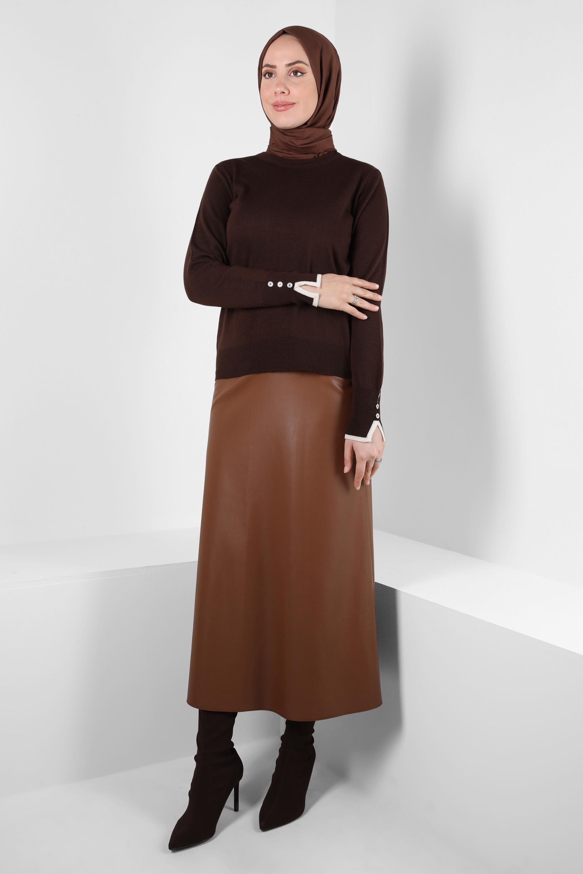Tesettür giyim KAHVE BİSİKLET YAKA TRİKO KAZAK 44053-1