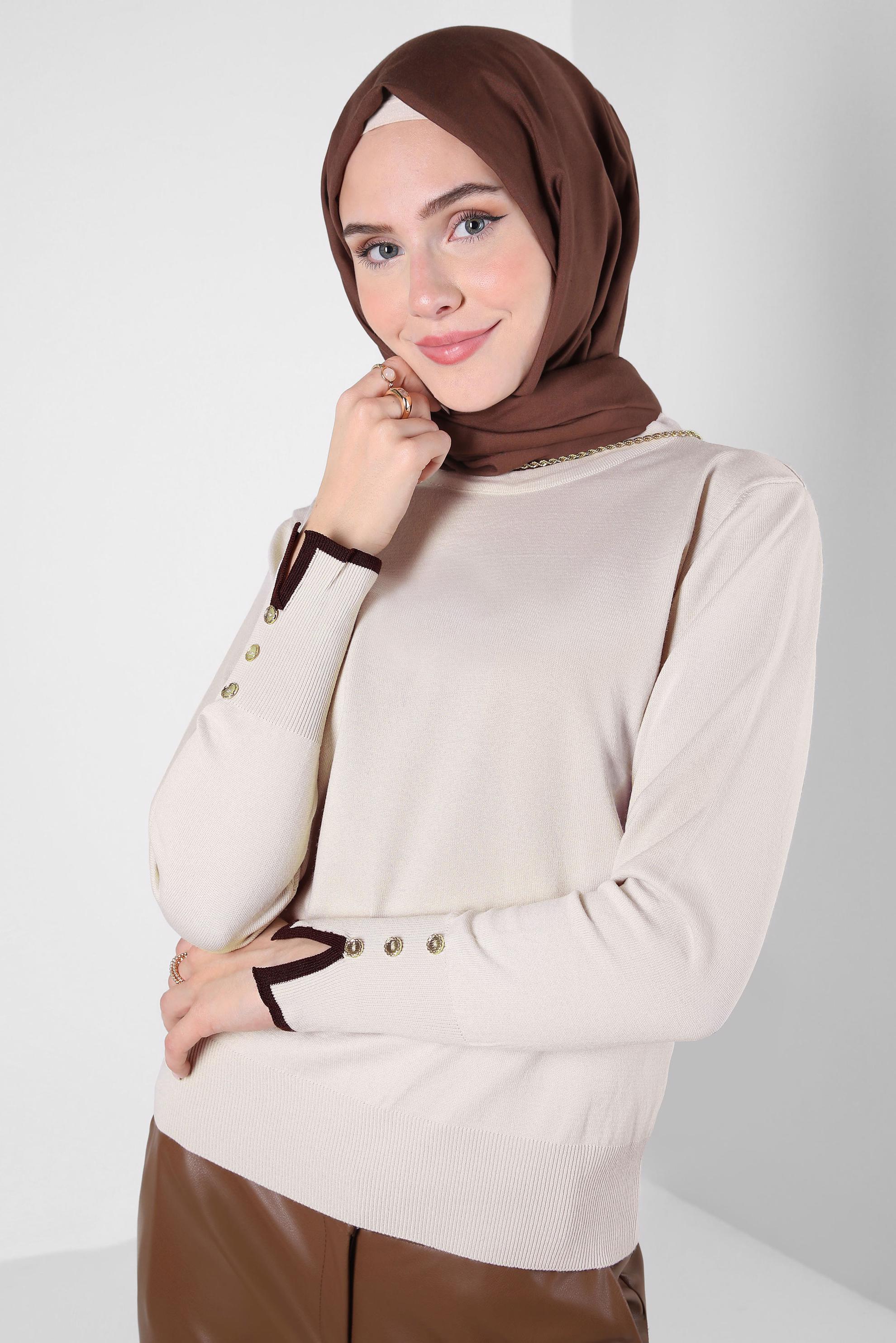 Tesettür giyim BEJ BİSİKLET YAKA TRİKO KAZAK 44053-1