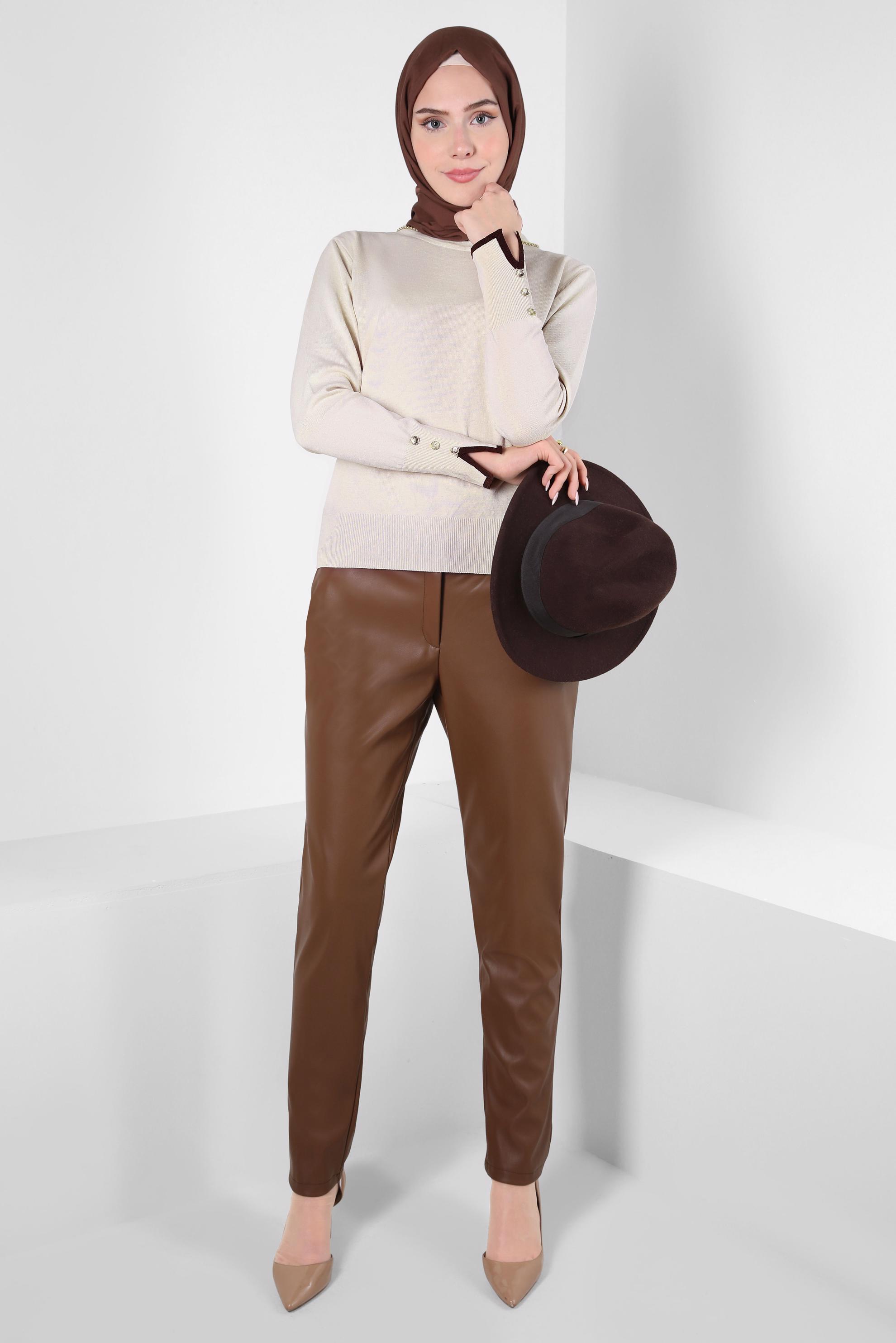 Tesettür giyim BEJ BİSİKLET YAKA TRİKO KAZAK 44053-1