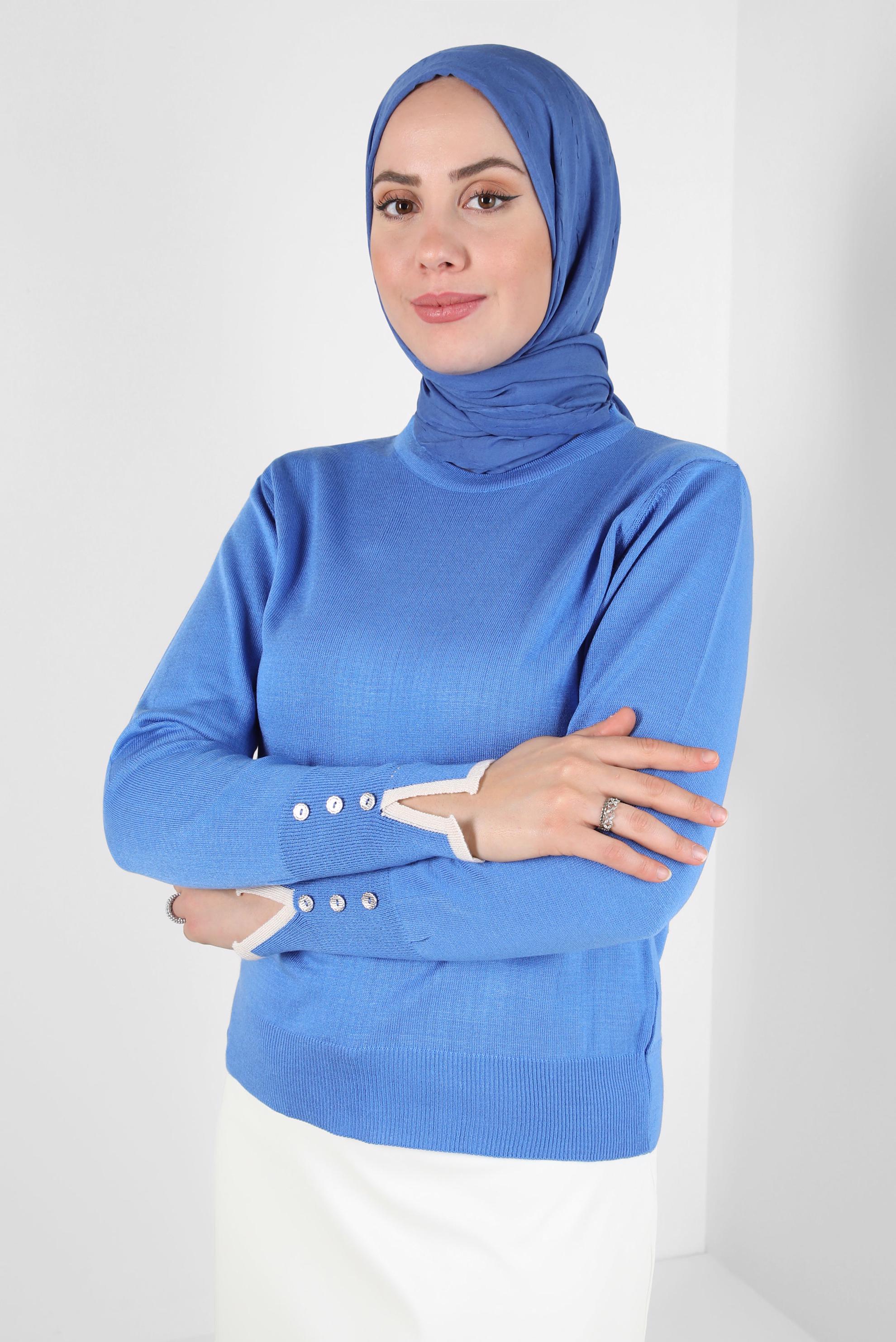 Tesettür giyim MAVİ BİSİKLET YAKA TRİKO KAZAK 44053-1