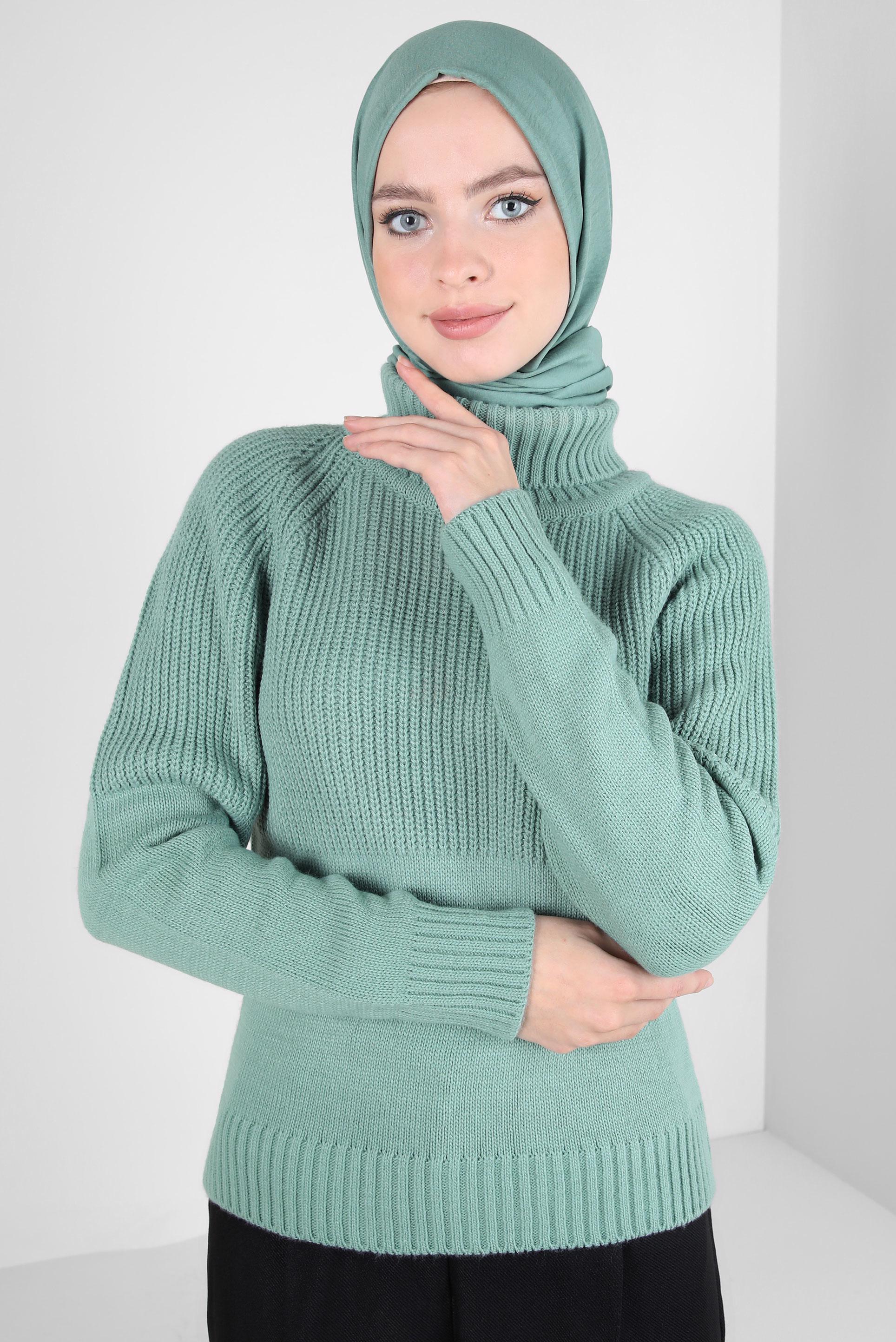 Tesettür giyim MAVİ BOĞAZLI YAKA TRİKO KAZAK 44068