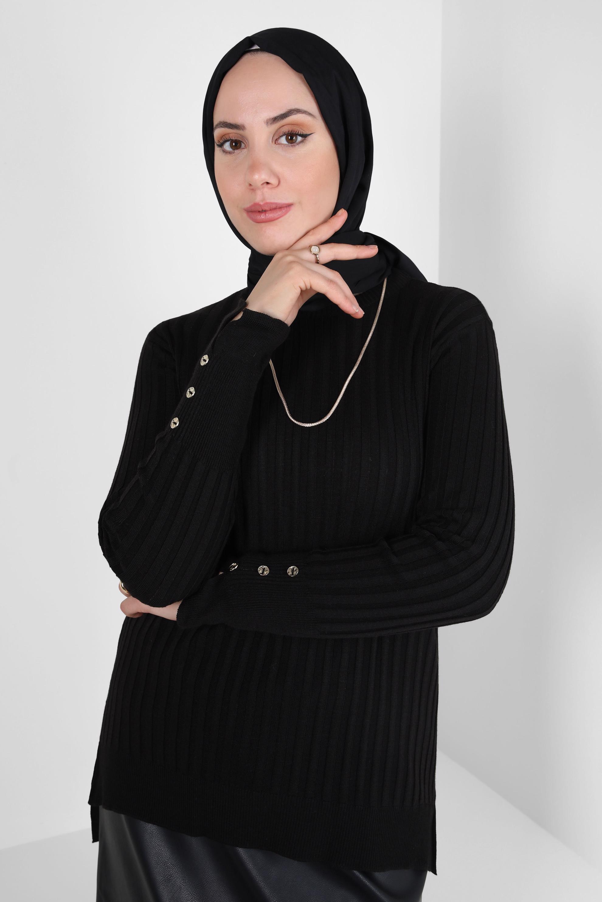 Tesettür giyim SİYAH DÜĞME DETAYLI TRİKO KAZAK 44073-1