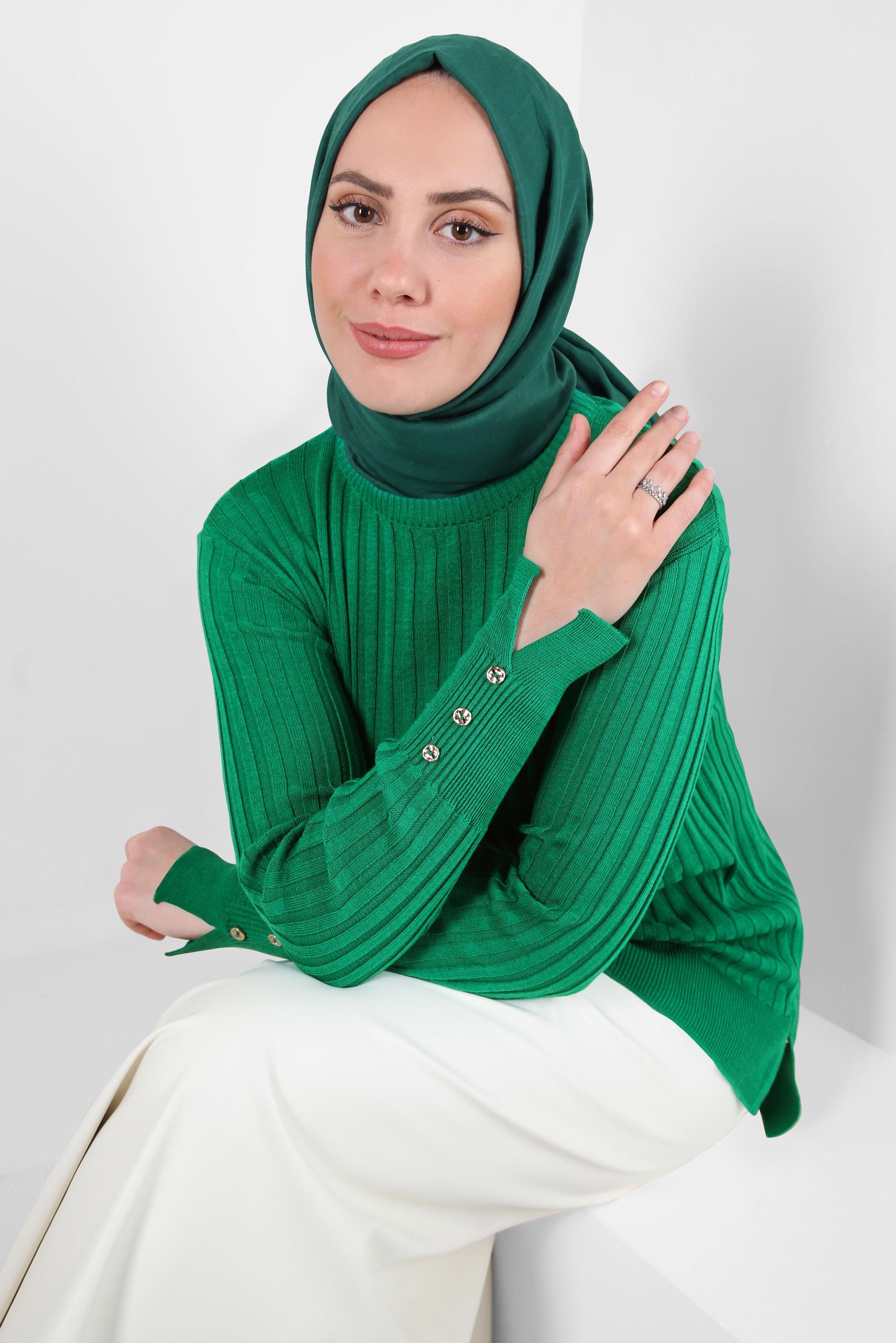 Tesettür giyim YEŞİL DÜĞME DETAYLI TRİKO KAZAK 44073-1