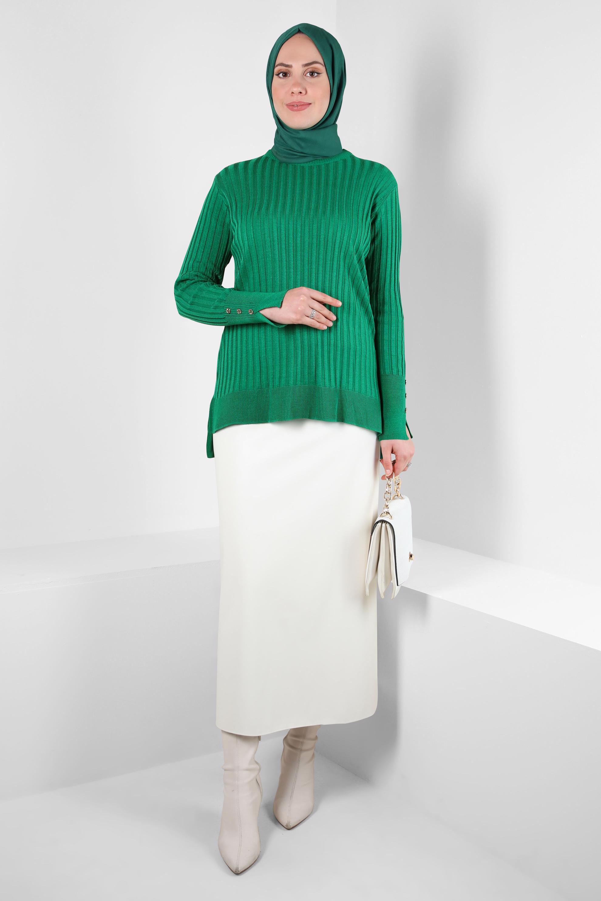 Tesettür giyim YEŞİL DÜĞME DETAYLI TRİKO KAZAK 44073-1