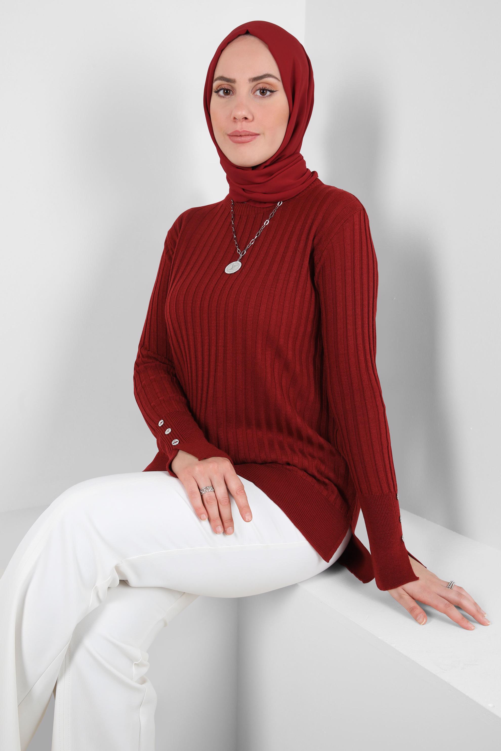 Tesettür giyim BORDO DÜĞME DETAYLI TRİKO KAZAK 44073-1