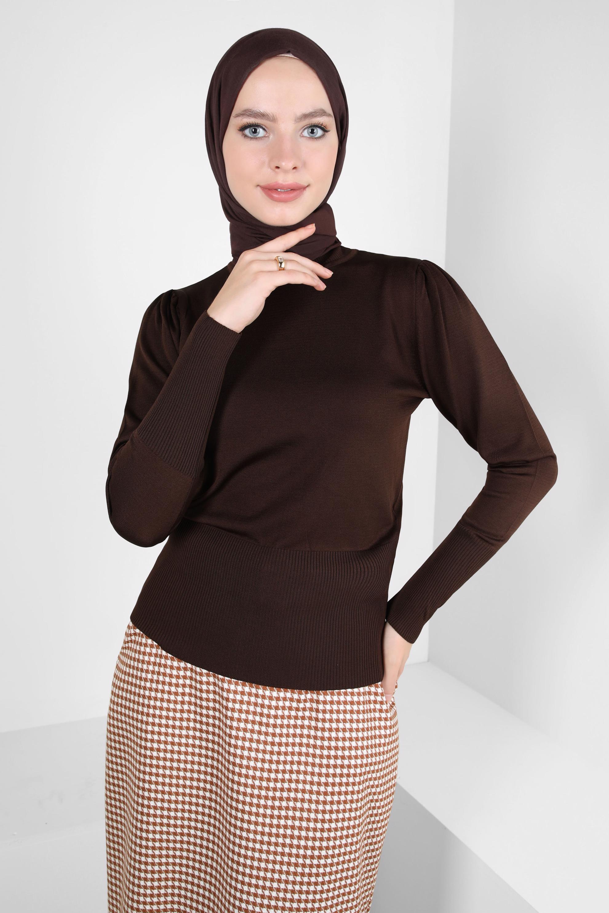 Tesettür giyim KAHVE BOĞAZLI YAKA TRİKO KAZAK 44097