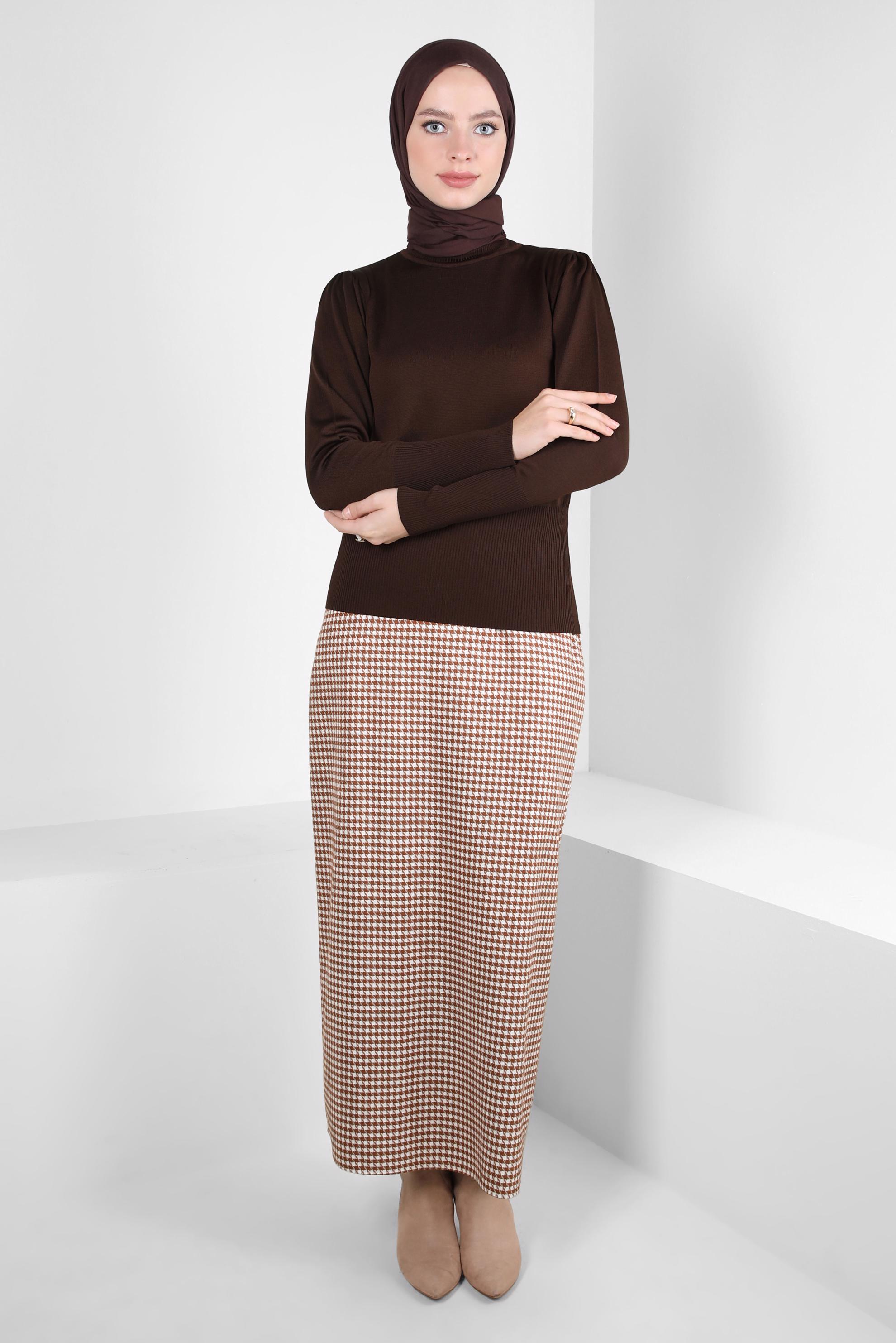 Tesettür giyim KAHVE BOĞAZLI YAKA TRİKO KAZAK 44097