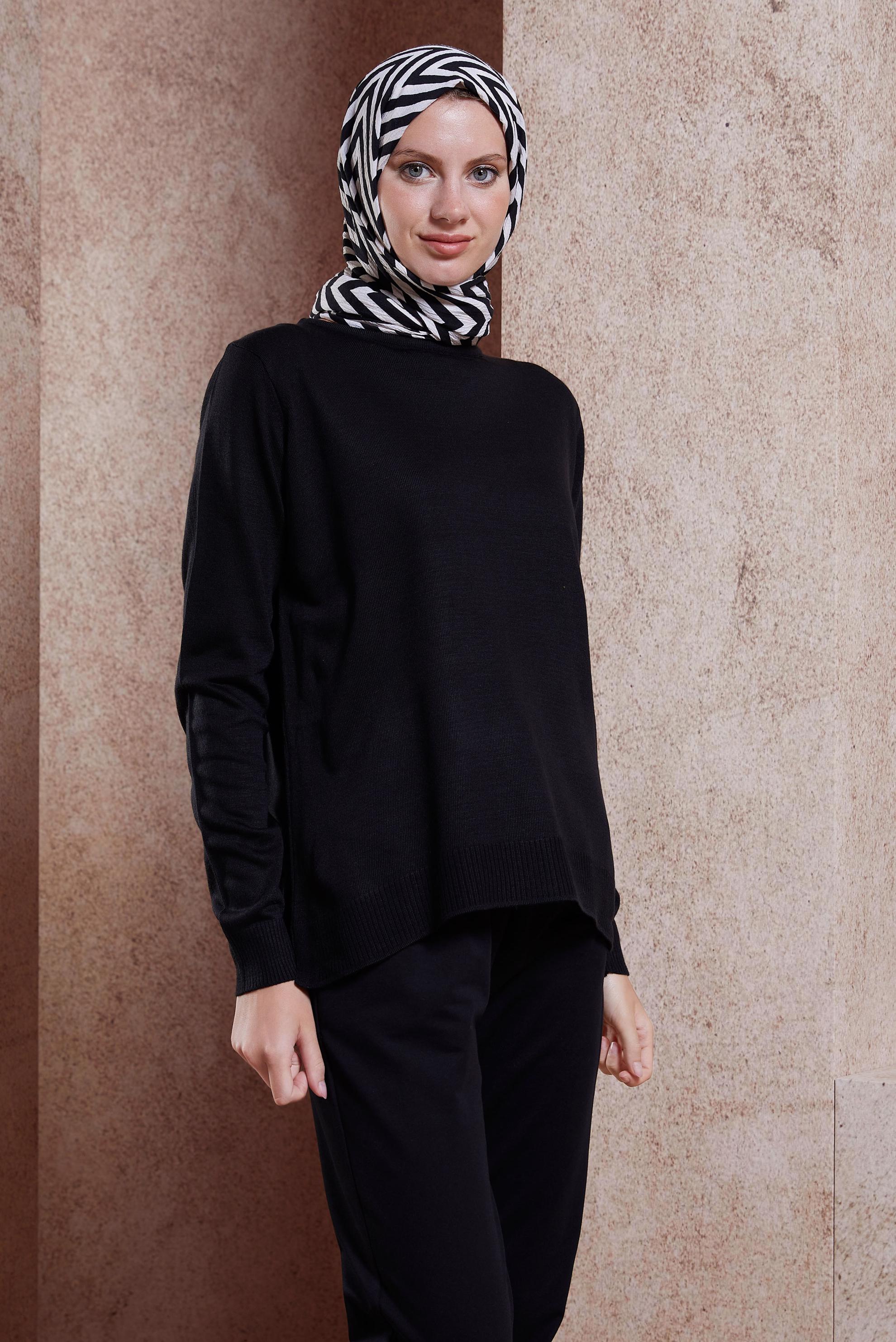 Tesettür giyim SİYAH BİSİKLET YAKA TRİKO KAZAK 44369