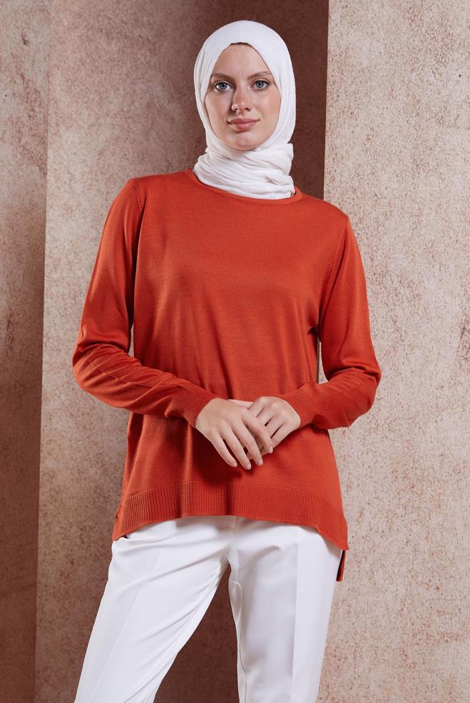 Vêtements hijab ORANGE PULL EN MAILLE À COL RAS DU COU 44369 - ALVİNA