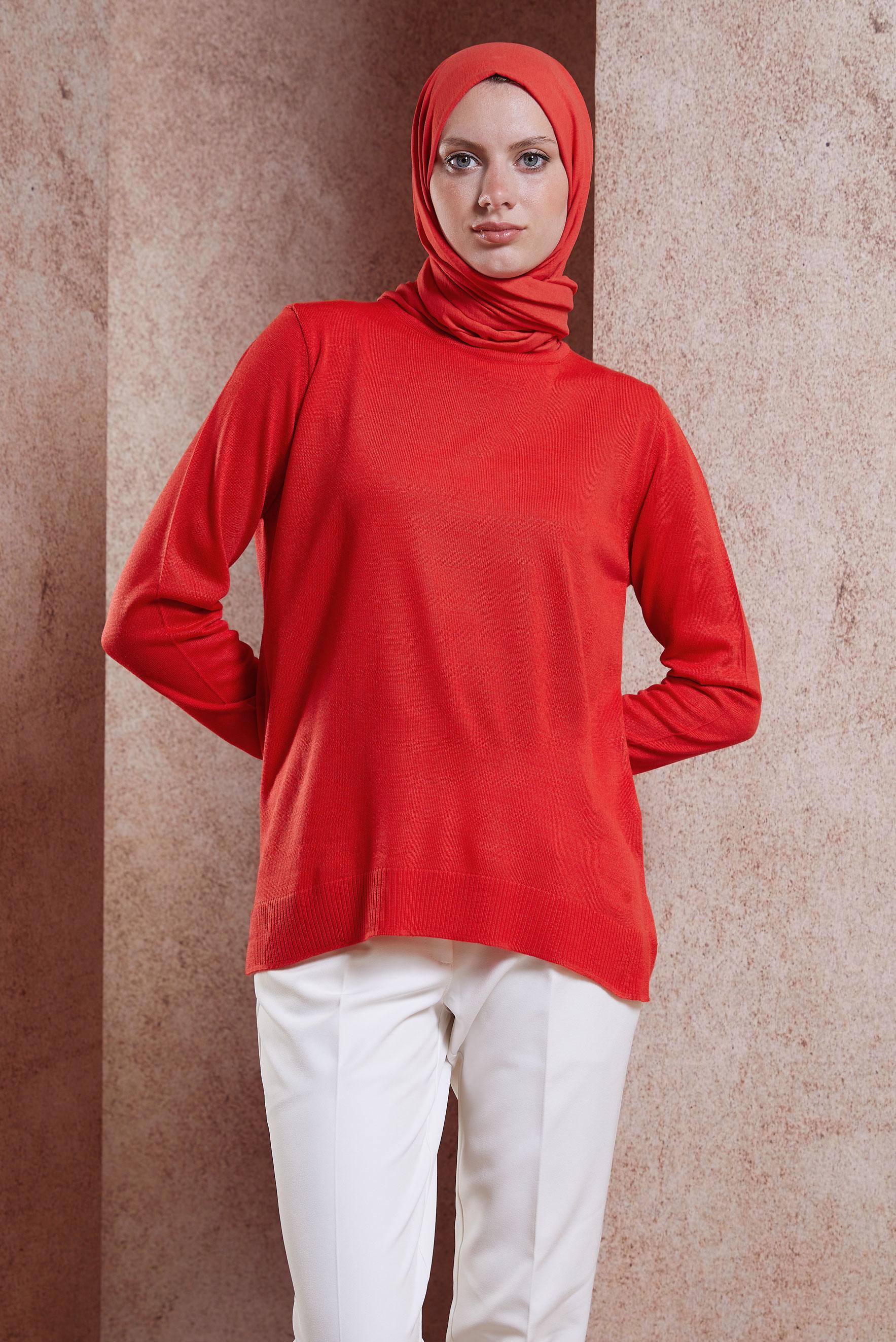 Tesettür giyim KIRMIZI BİSİKLET YAKA TRİKO KAZAK 44369