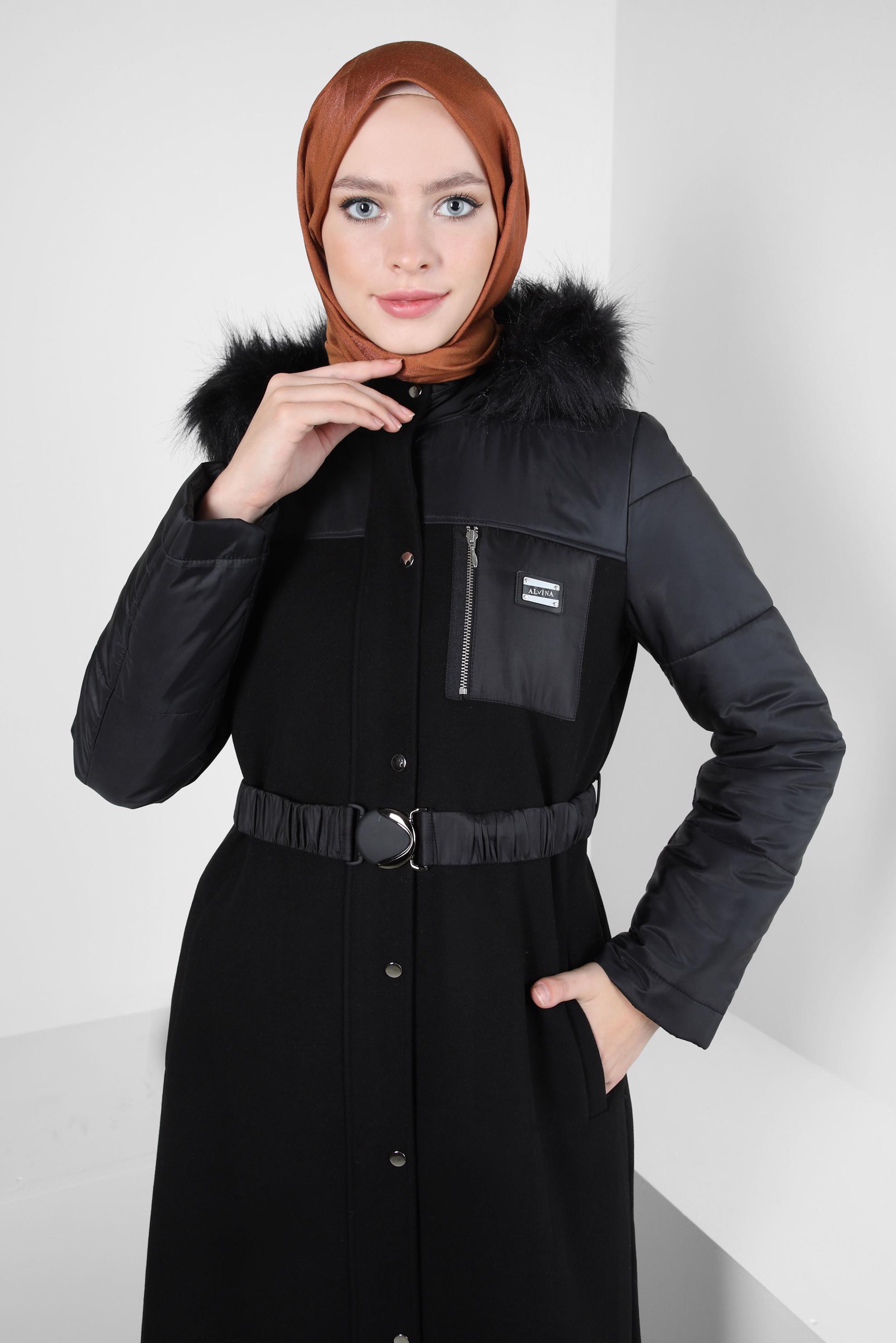 Tesettür giyim SİYAH KEMERLİ MANTO 90231