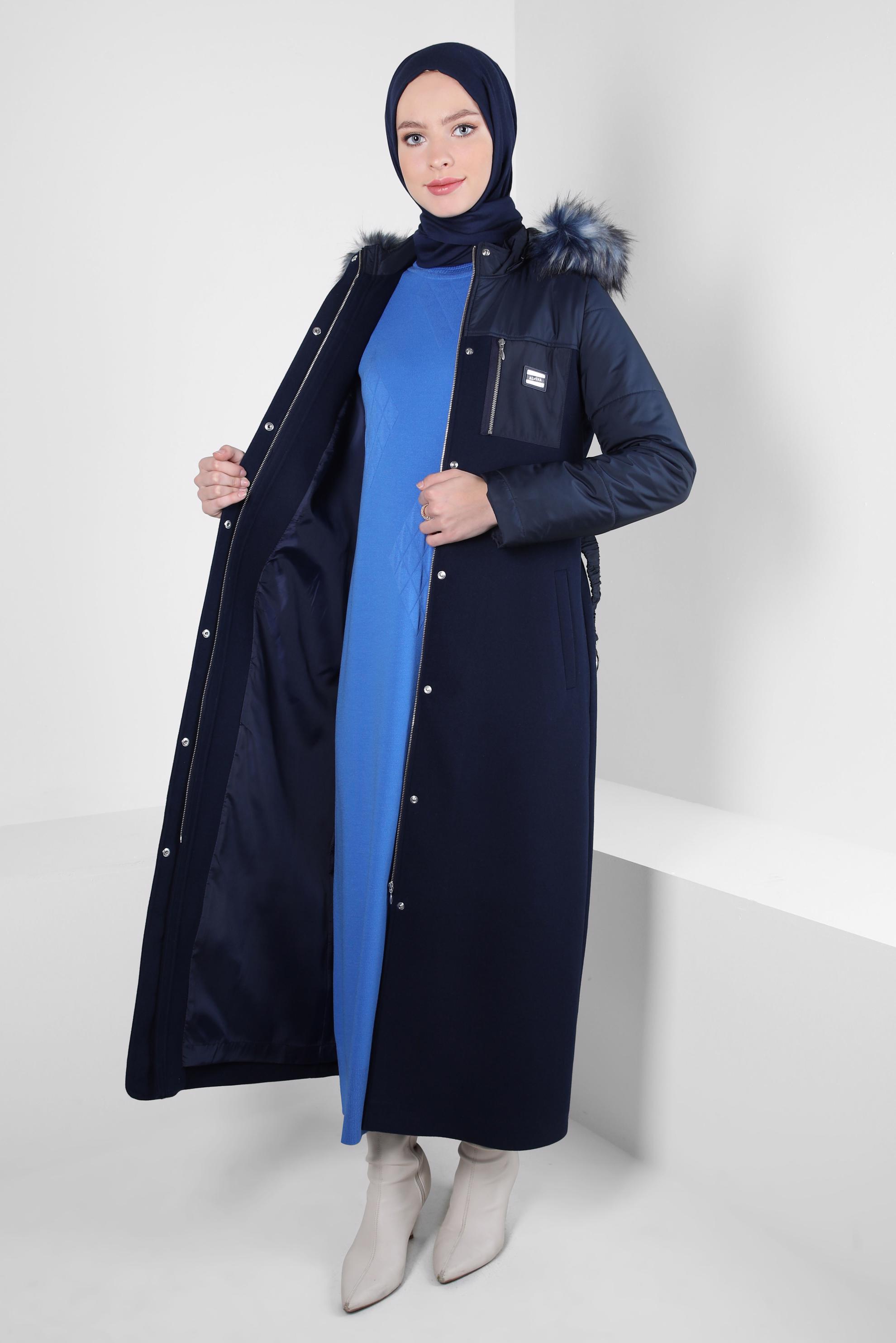 Vêtements hijab BLEU MARINE MANTEAU CEINTURE 90231