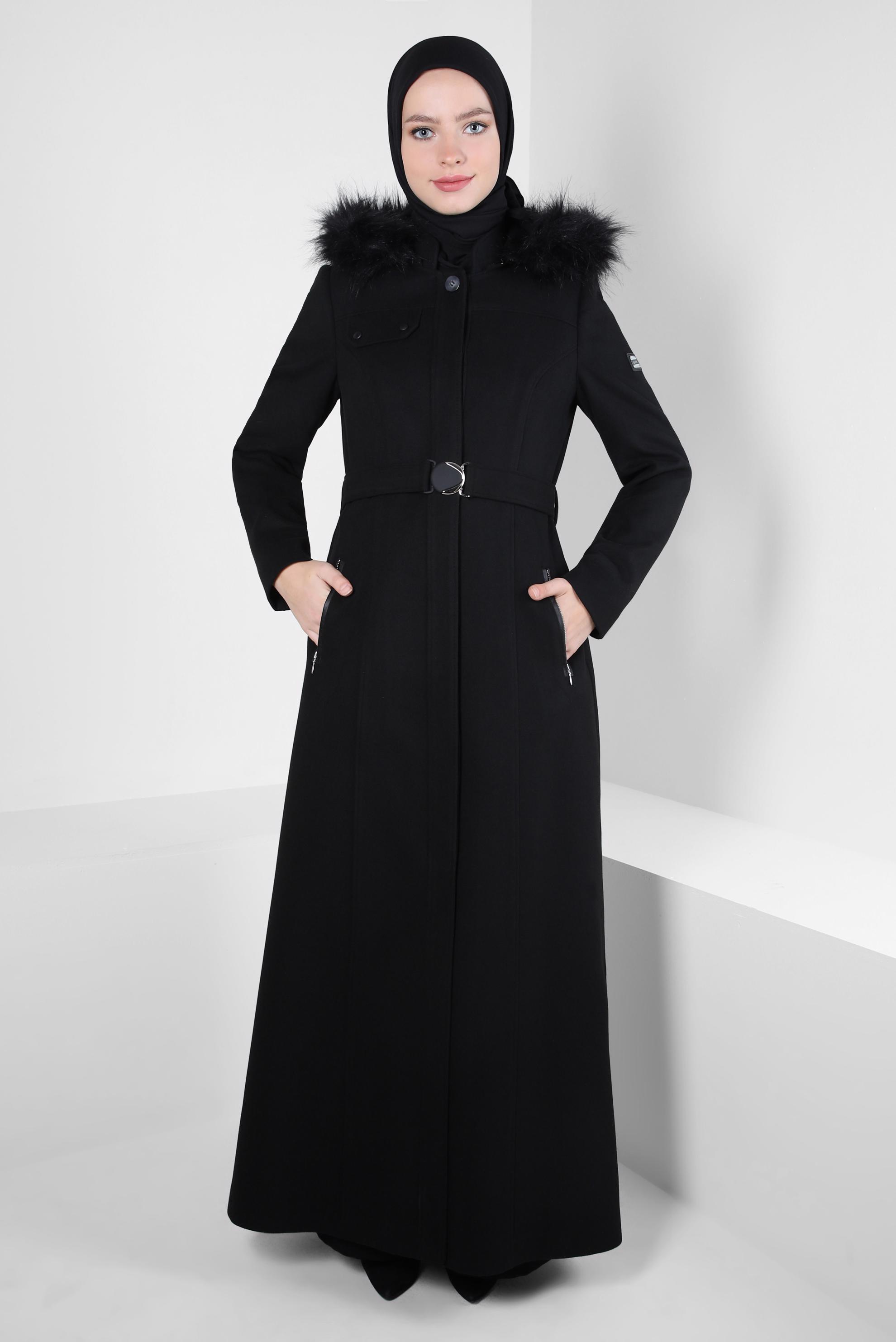 Vêtements hijab NOIR MANTEAU CEINTURE 90277