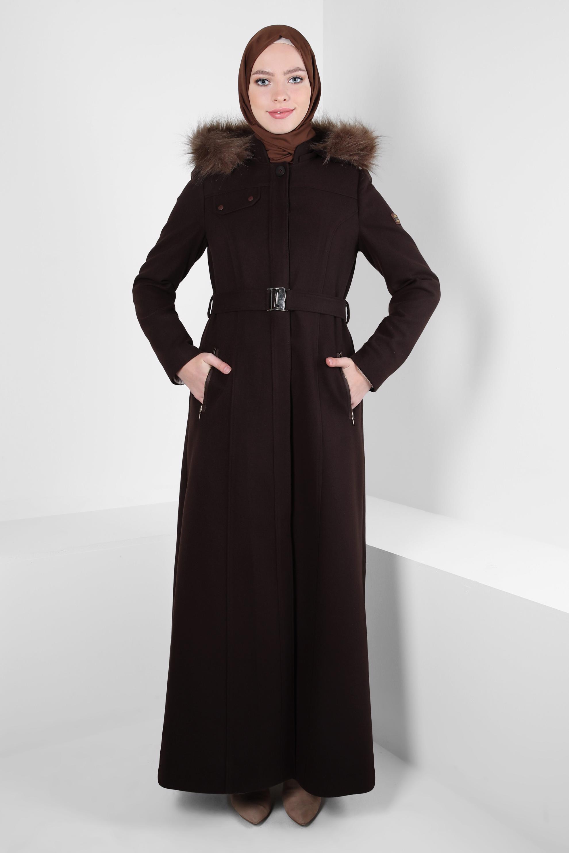 Vêtements hijab BRUN MANTEAU CEINTURE 90277