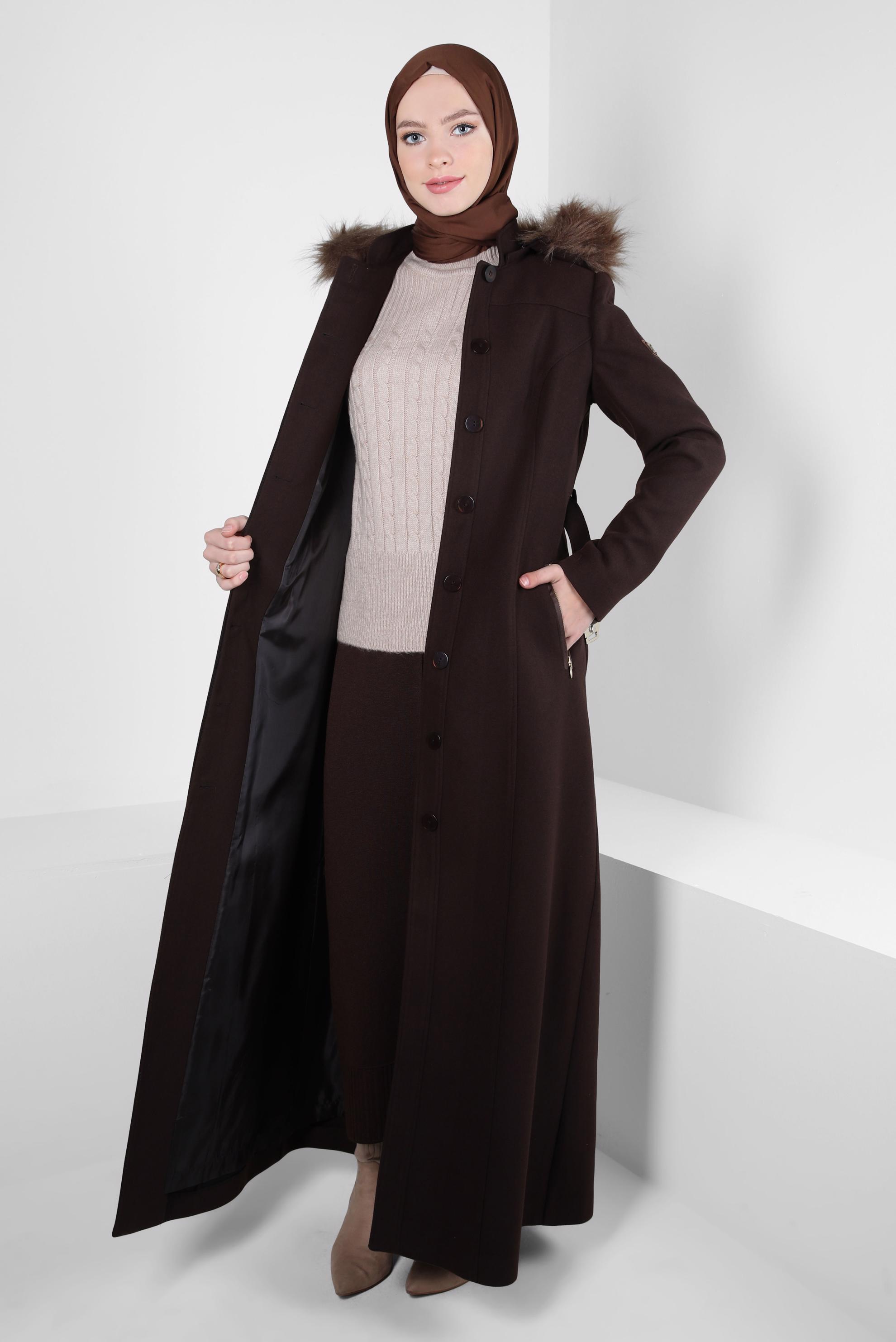Vêtements hijab BRUN MANTEAU CEINTURE 90277
