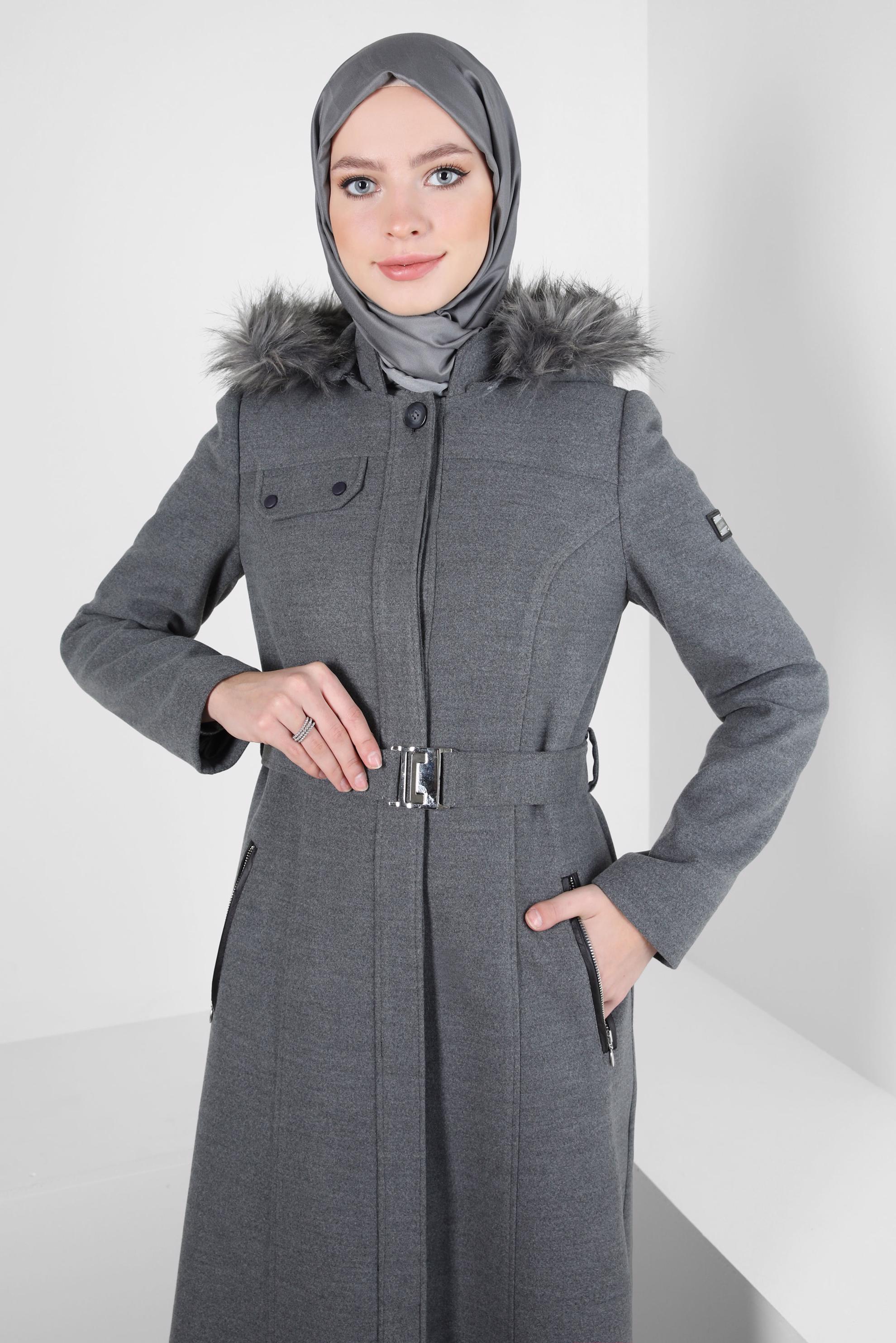 Tesettür giyim GRİ KEMERLİ MANTO 90277